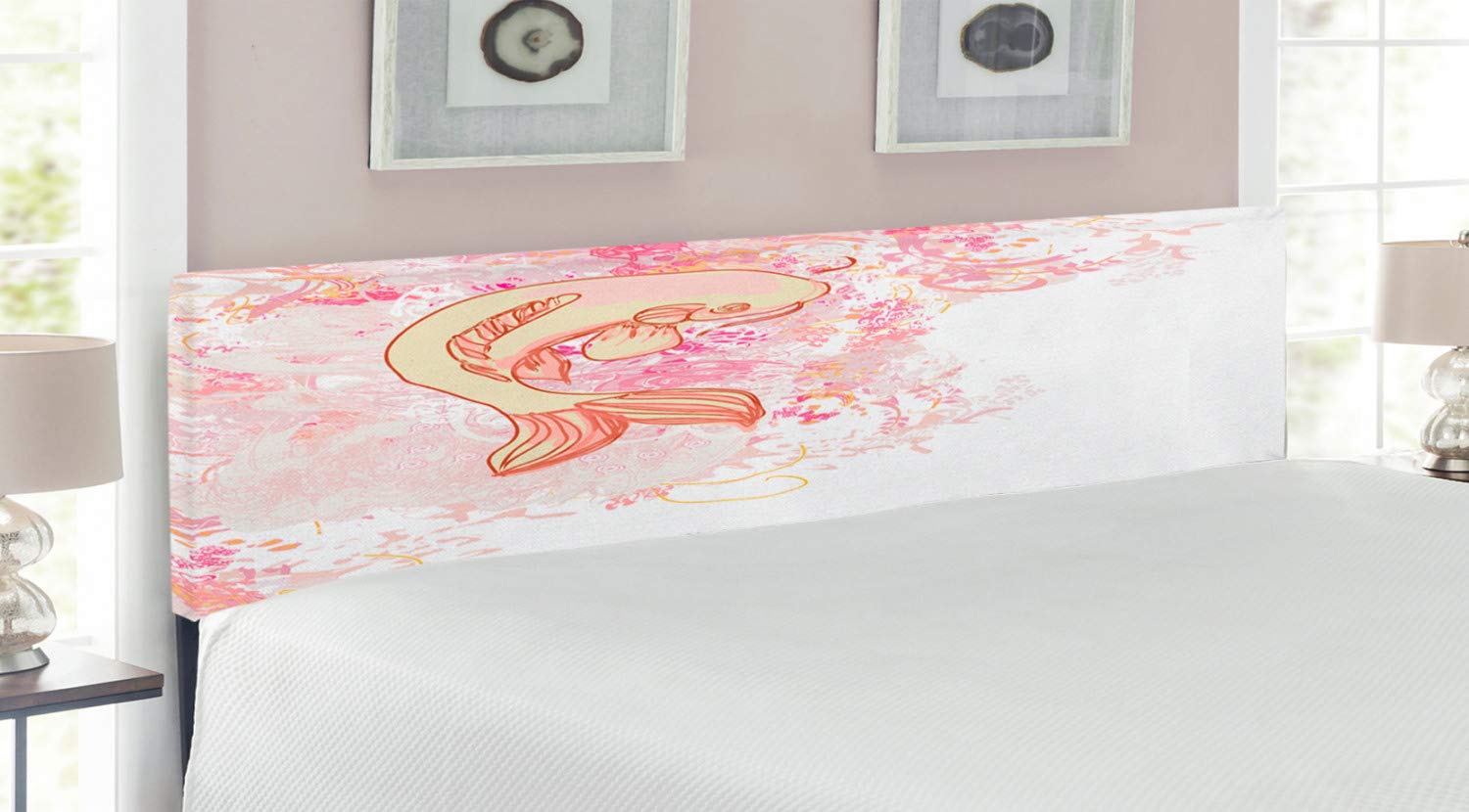 Ambesonne Japanese Koi Fish Upholstered Headboard - King Size Pink & Yellow Memory Foam Bed Headboard for Master Bedroom | Exotic Love-Themed Decorative Metal Headboard with Classic Reflexive Splash Design | Perfect for Asian-Inspired Bedroom Decor & Zen Home Interiors