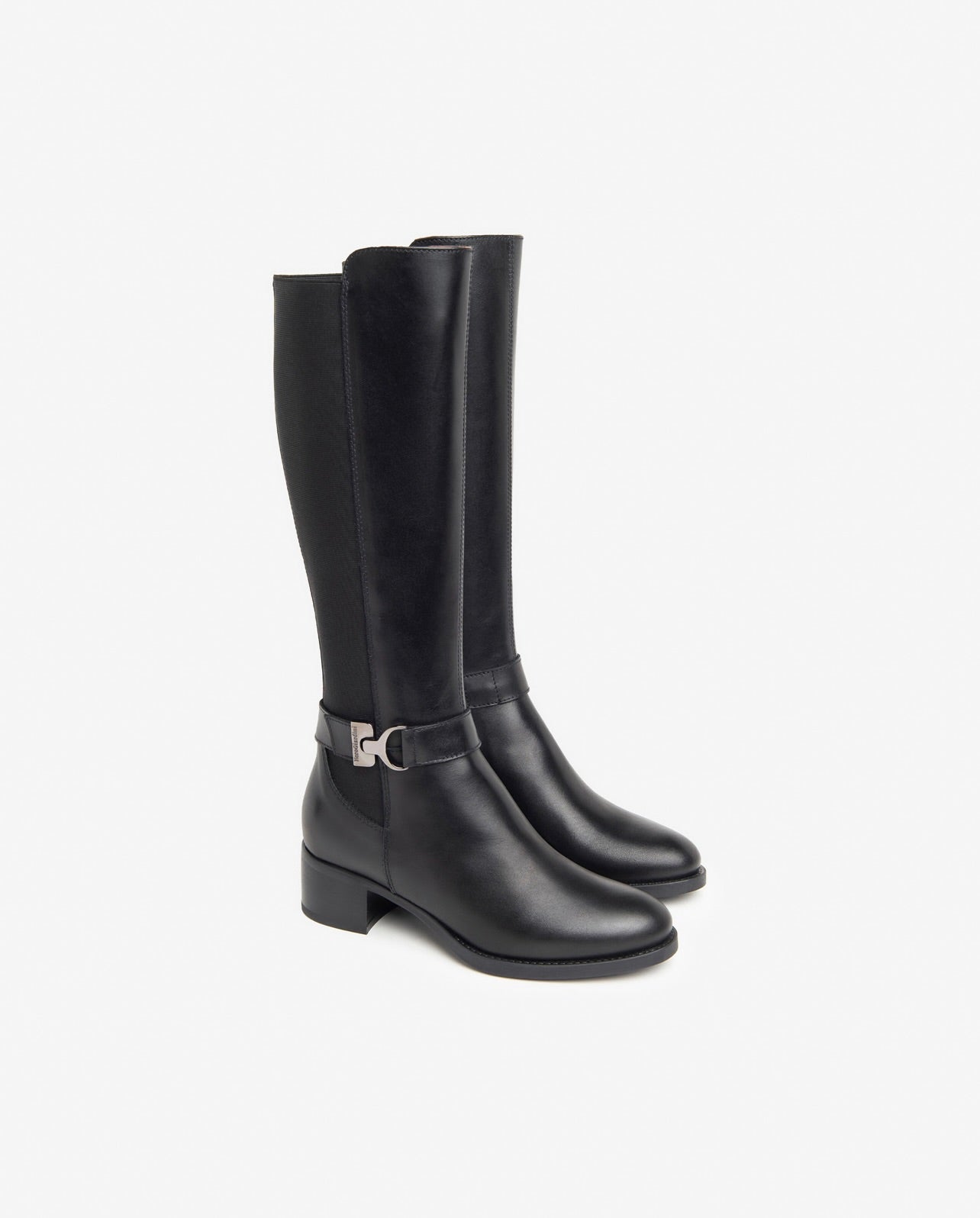 Black Genuine Leather Stretch Buckle Knee High Boots for Women - Comfortable Fashion Booties for Fall, Winter & Casual Outfits