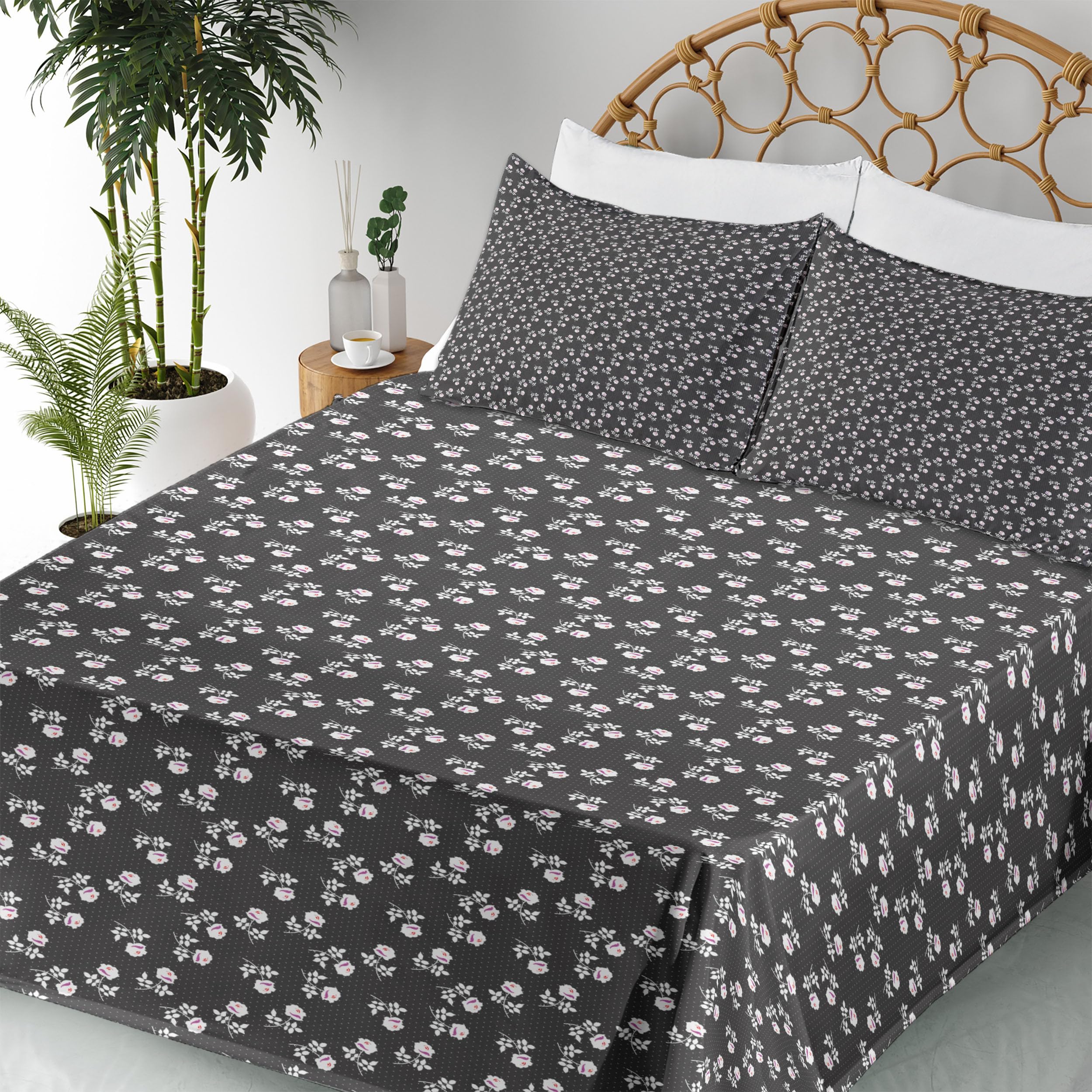 Ambesonne Floral King Sheet Set - 4 Piece Bedding with Flower Silhouettes & Mini Polka Dots Design, Includes Fitted Sheet, Flat Sheet & 2 Pillowcases, Dark Taupe Grey Fuchsia - Perfect for Master Bedroom, Guest Room & Cozy Home Decor