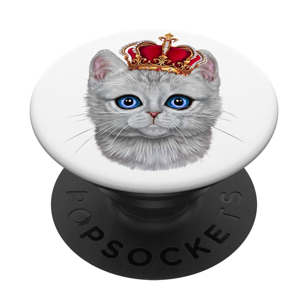 White Tabby Cat King with Imperial Crown PopSockets PopGrip - Swappable Phone & Tablet Grip for iPhone, Samsung, iPad | Perfect for Work, Travel & Daily Use