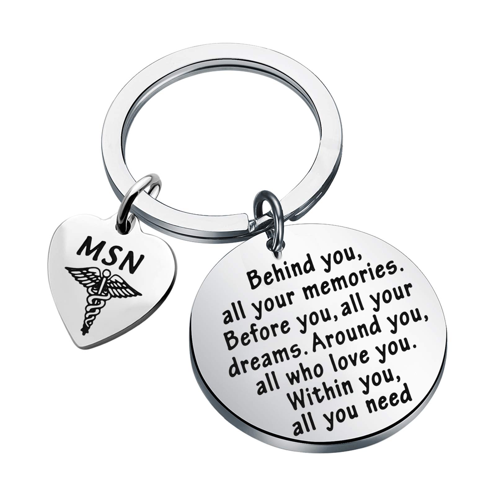 FEELMEM MSN Keychain - Master of Science in Nursing Graduation Gift for Nurses, Personalized Keepsake with 'Behind You All Your Memories' Engraving - Perfect for Nurse Graduation, Birthday, Appreciation Gifts & Clinical Reminders