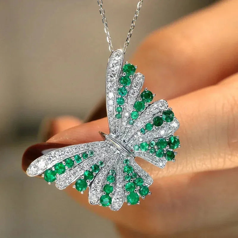 18K White Gold Butterfly Necklace for Women - Luxury Emerald & Diamond Jewelry for Parties, Weddings & Special Occasions
