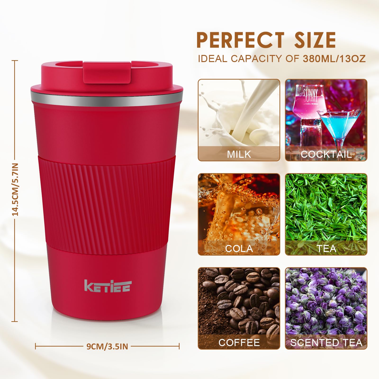 **KETIEE 12oz Vacuum Insulated Stainless Steel Travel Coffee Mug - Leakproof Lid, Double Wall Insulation for Hot & Cold Drinks, Reusable Tumbler for Coffee, Tea, or Smoothies - Perfect for Commuting, Office, or Outdoor Adventures (Red)**