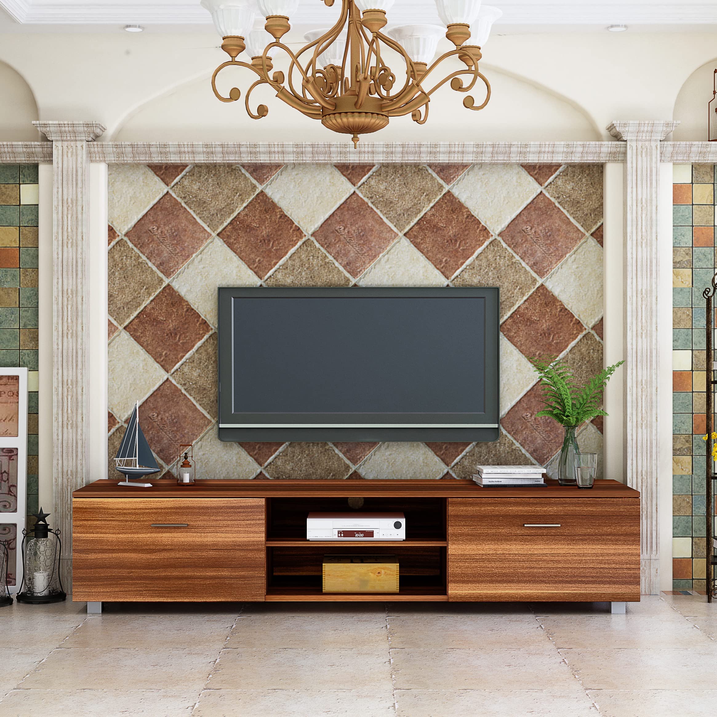 Modern 70 Inch Walnut TV Stand with Storage - High Gloss Entertainment Center for Living Room | Perfect for Home Theater Setup & Media Organization