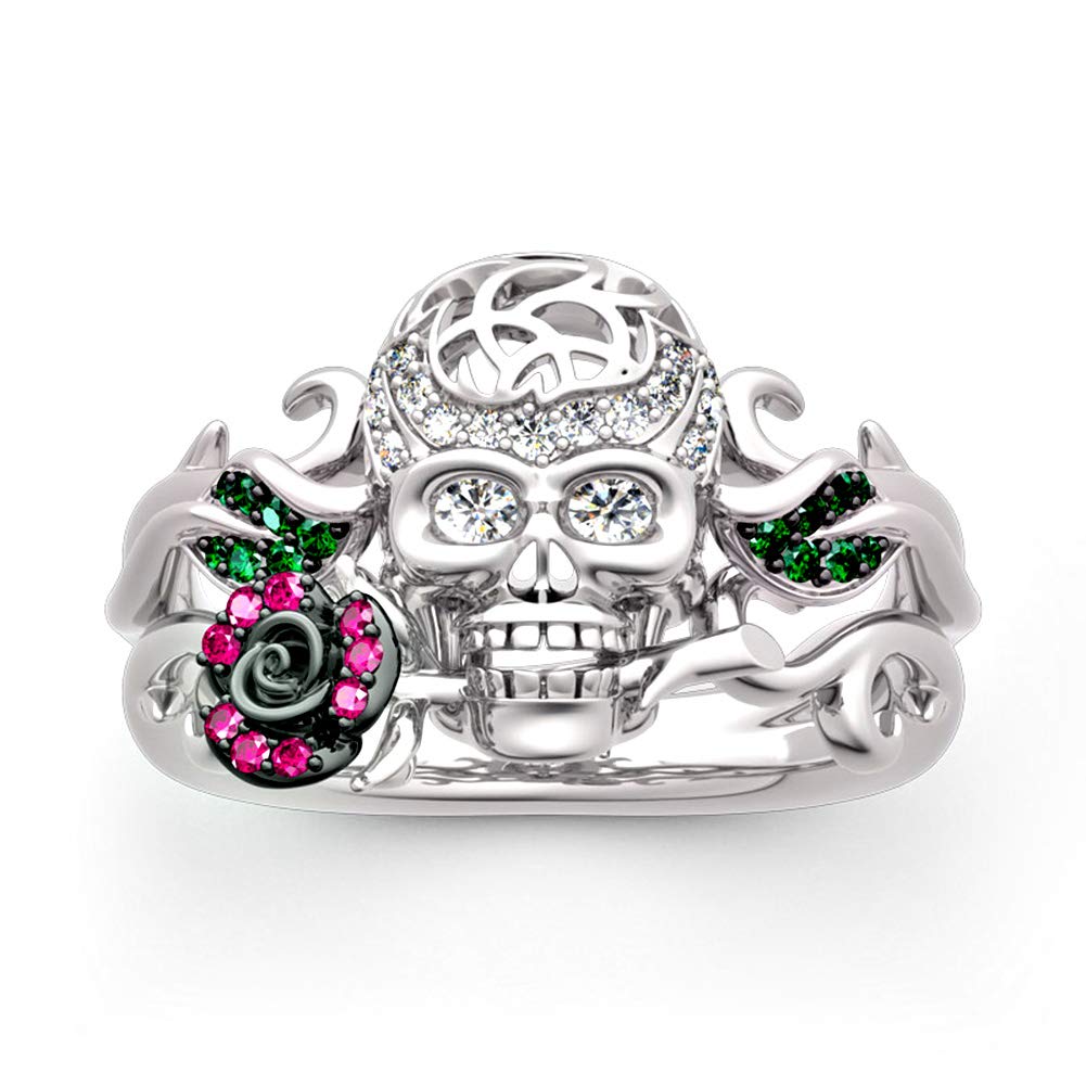 Jeulia Women's Sterling Silver 'Forever Love' Halloween Sugar Skull Ring with Ruby & Emerald Birthstones - Rose Flower Engagement, Wedding & Promise Ring for Her - Perfect for Dia de los Muertos, Gothic Fashion & Romantic Gift Giving