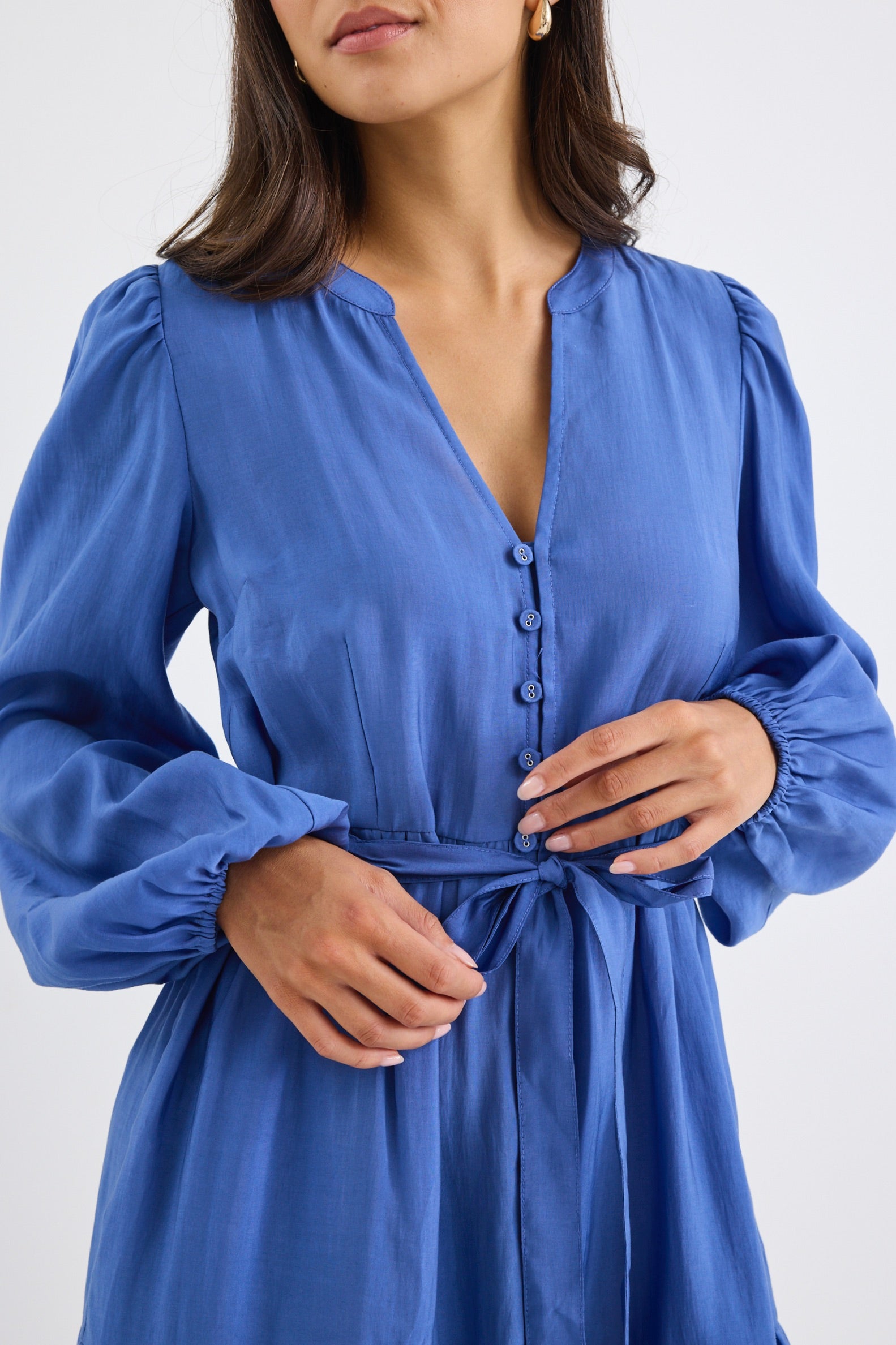 Applause Women's Ocean Blue Balloon Sleeve Button Front Midi Dress - Perfect for Summer Weddings, Beach Vacations & Date Nights