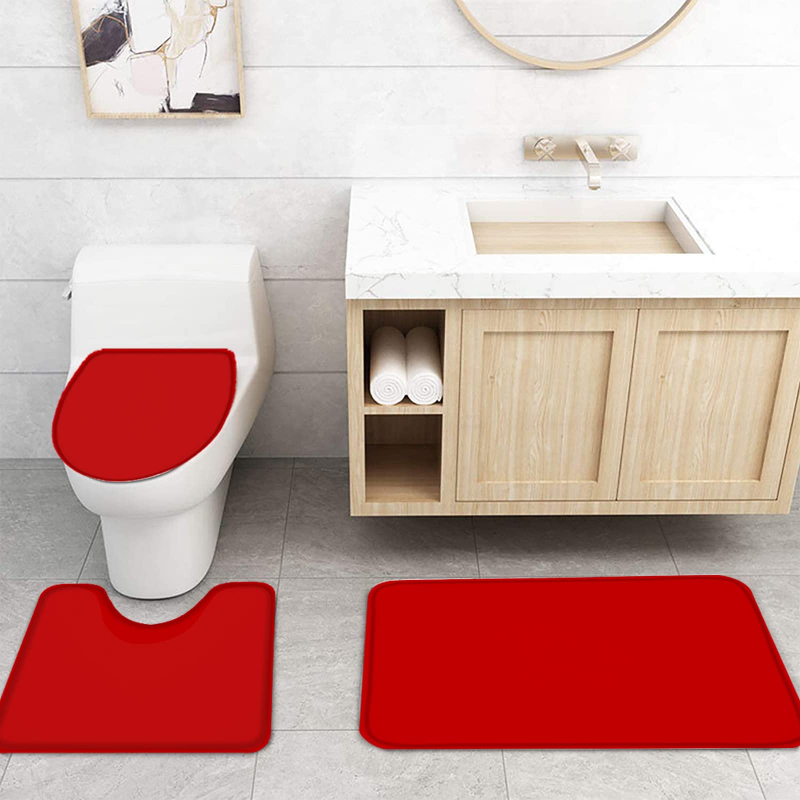 4PCS Non-Slip Bathroom Mat Set - Christmas Red Solid Decor with Shower Curtain, Toilet Seat Cover & Large Rugs (72x72in) for Holiday Home Decor & Cozy Bathroom Upgrade