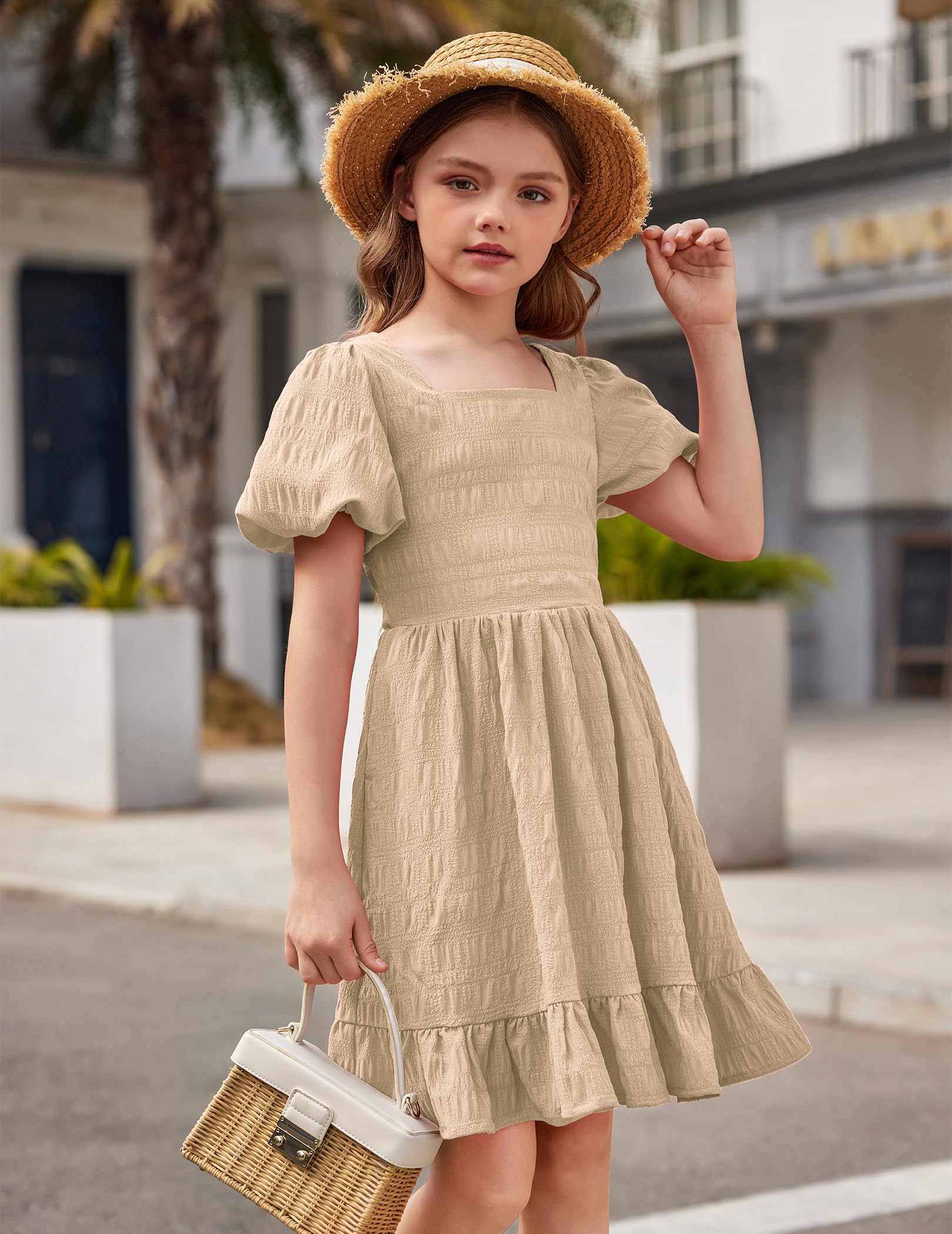 Arshiner Girls Backless Summer Dress - Short Sleeve Square Neck Ruffle Hem Elegant Party Dress for Kids | Birthday, Photo Shoot, Special Occasions