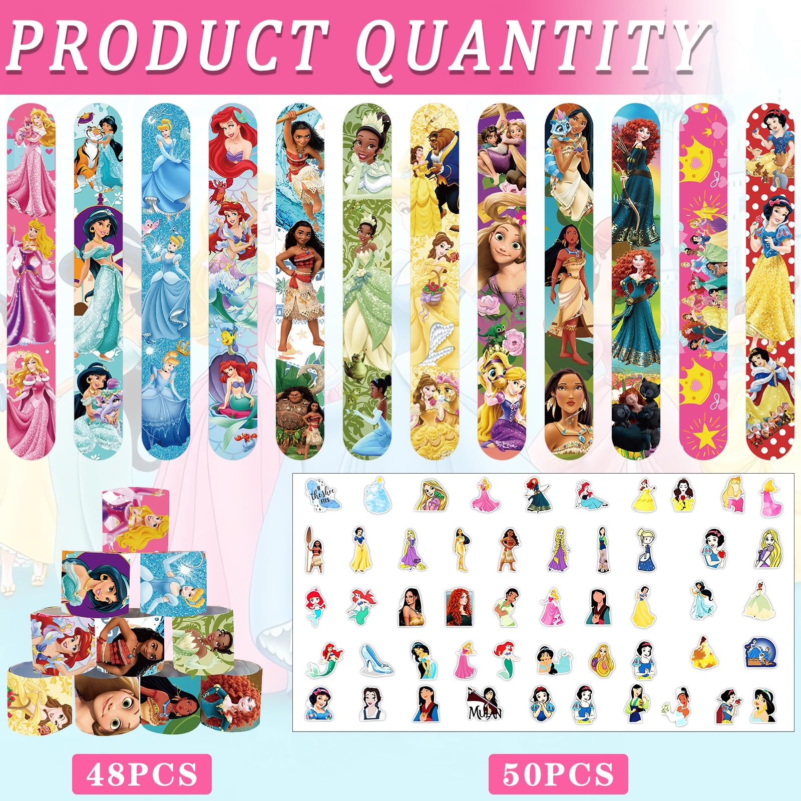 48 PCS Princess Slap Bracelets & 50 PCS Stickers - Princess Birthday Party Favors for Girls, Perfect for Birthday Parties, School Events & Goodie Bags