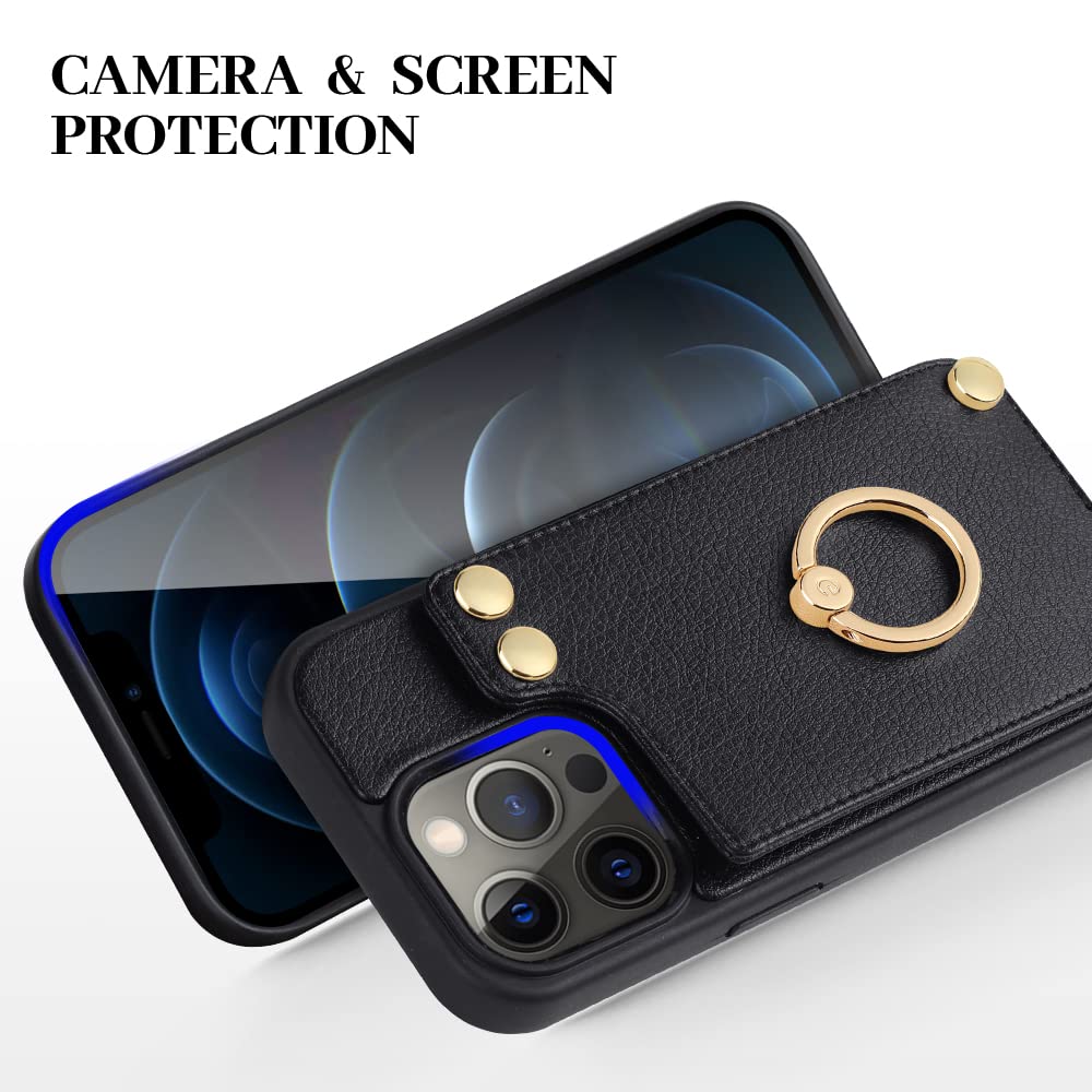 LAMEEKU iPhone 12 Pro Max Wallet Case with Card Holder - 360° Rotating Ring Kickstand & Protective Bumper - Premium Leather Cover for Women & Men (6.7 Inch, Black) - Perfect for Hands-Free Viewing, Secure Card Storage & Everyday Protection