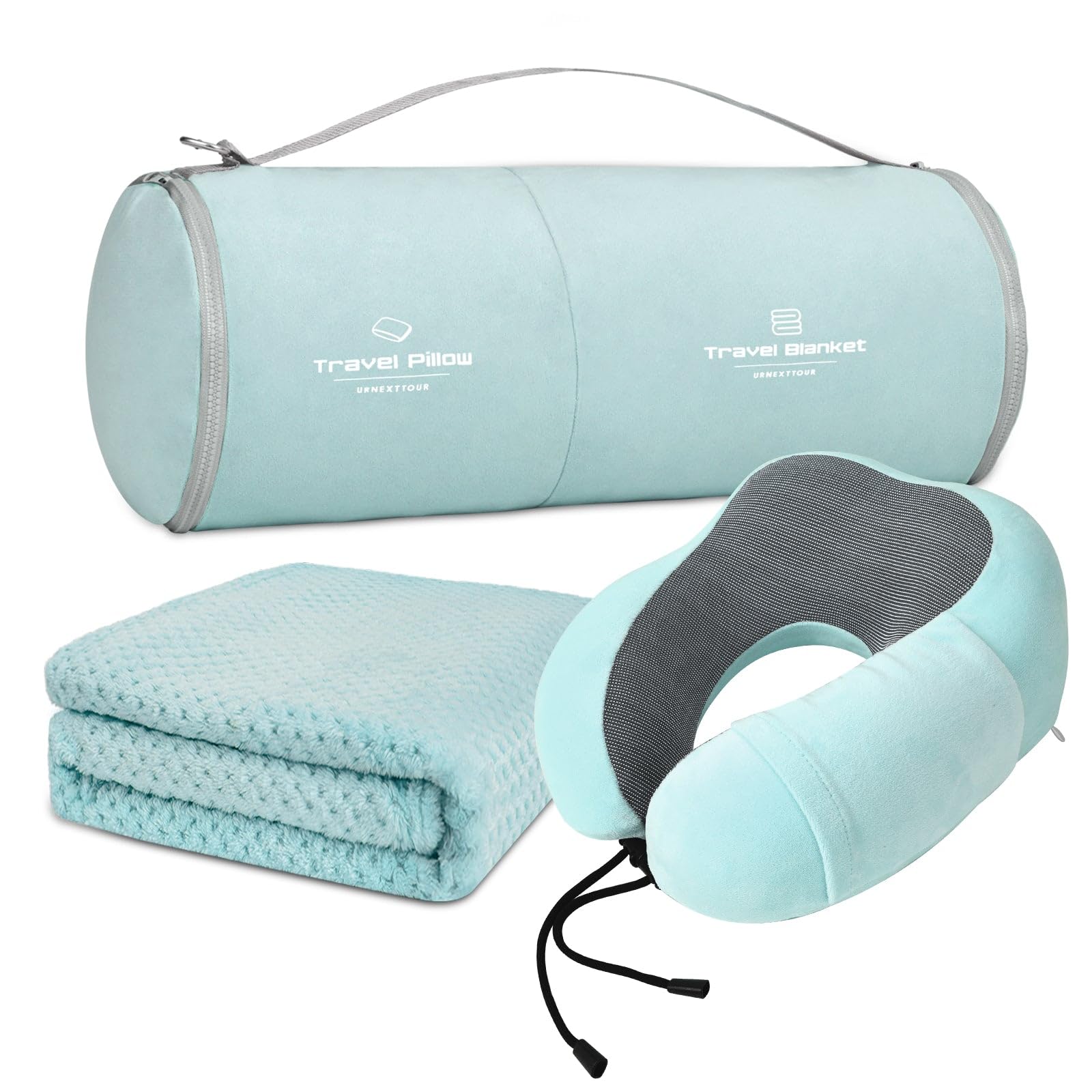 Memory Foam Travel Pillow and Blanket Set - Compact Neck Pillow for Airplane, Car & Office - Includes Carry Bag (Blue & Green) | Perfect for Long Flights, Road Trips & Business Travel
