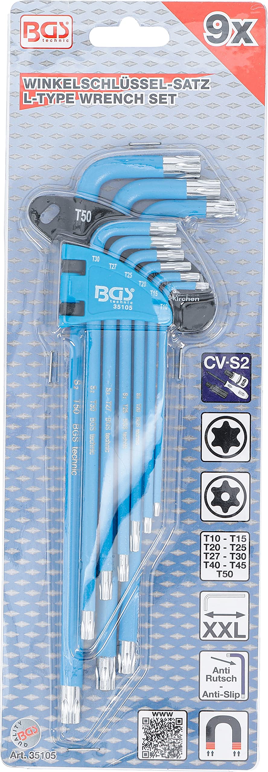 BGS 35105 L-Type Wrench Set - 9 Piece Torx T10 to T50 Star Bit Set with Tamperproof Security Bits for Automotive, Electronics & DIY Repairs