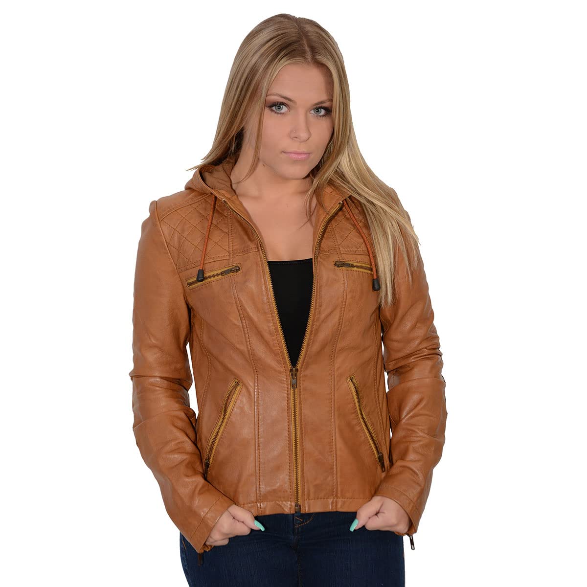 Milwaukee Leather SFL2810 Women's Cognac Scuba Style Fashion Leather Jacket with Drawstring Hoodie - Stylish Outerwear for Casual Wear, Night Out & Fall Fashion