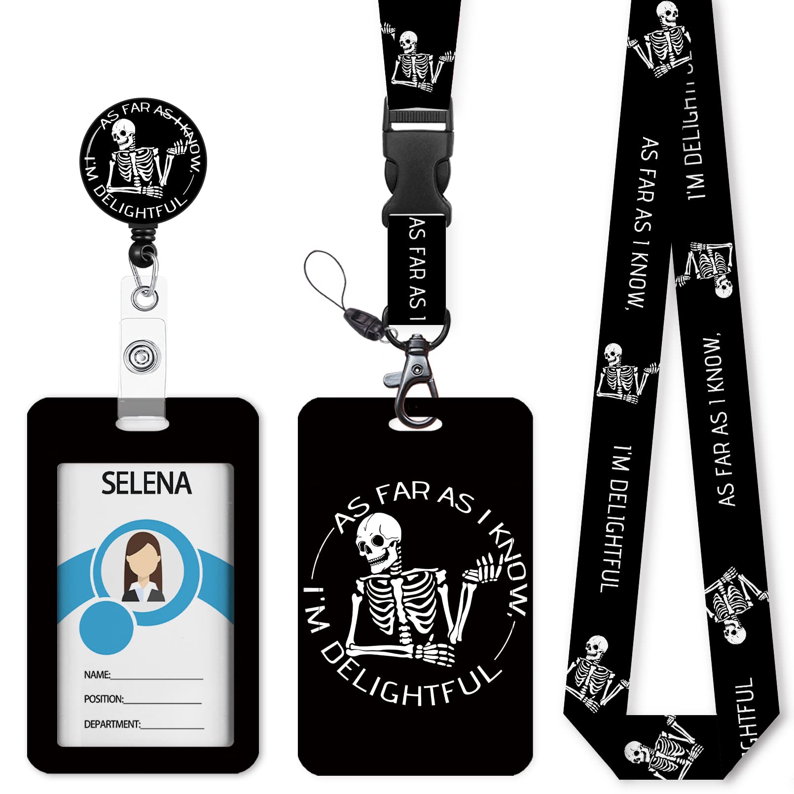 Retractable ID Badge Holder with Breakaway Lanyard - Cute Skeleton Design for Nurses, Teachers & Office Use