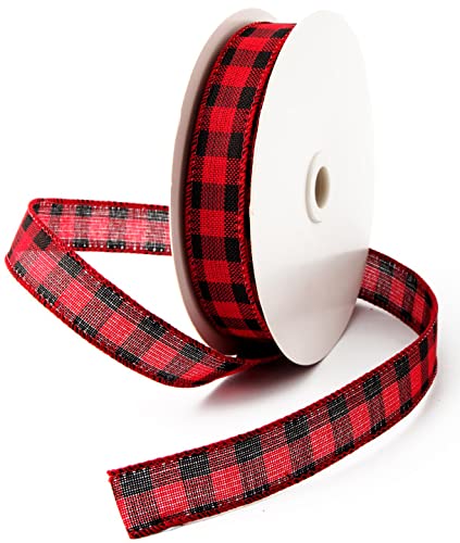1in - 25yd Red and Black Buffalo Plaid Ribbon - Wired Burlap Fabric Ribbon for DIY Gift Wrapping, Christmas Crafts, Floral Bows - Perfect for Holiday Decorations, Gift Packaging, and Seasonal DIY Projects