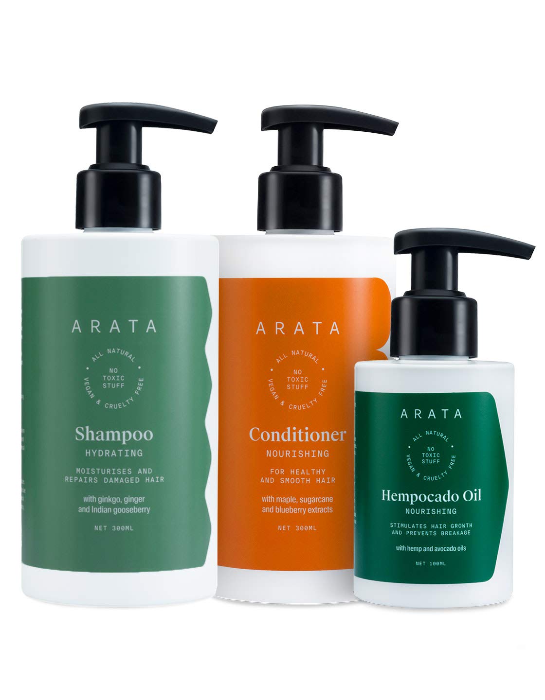 Arata Natural Daily Therapy Hair Care Set with Hempocado Oil - Hydrating Shampoo & Conditioner for Women & Men | 100ml Hempocado Oil + 300ml Shampoo & Conditioner | Plant-Based, Non-Toxic Scalp Therapy | Complete Hair Regimen for Dry, Damaged Hair | Perfect for Daily Use at Home or Salon