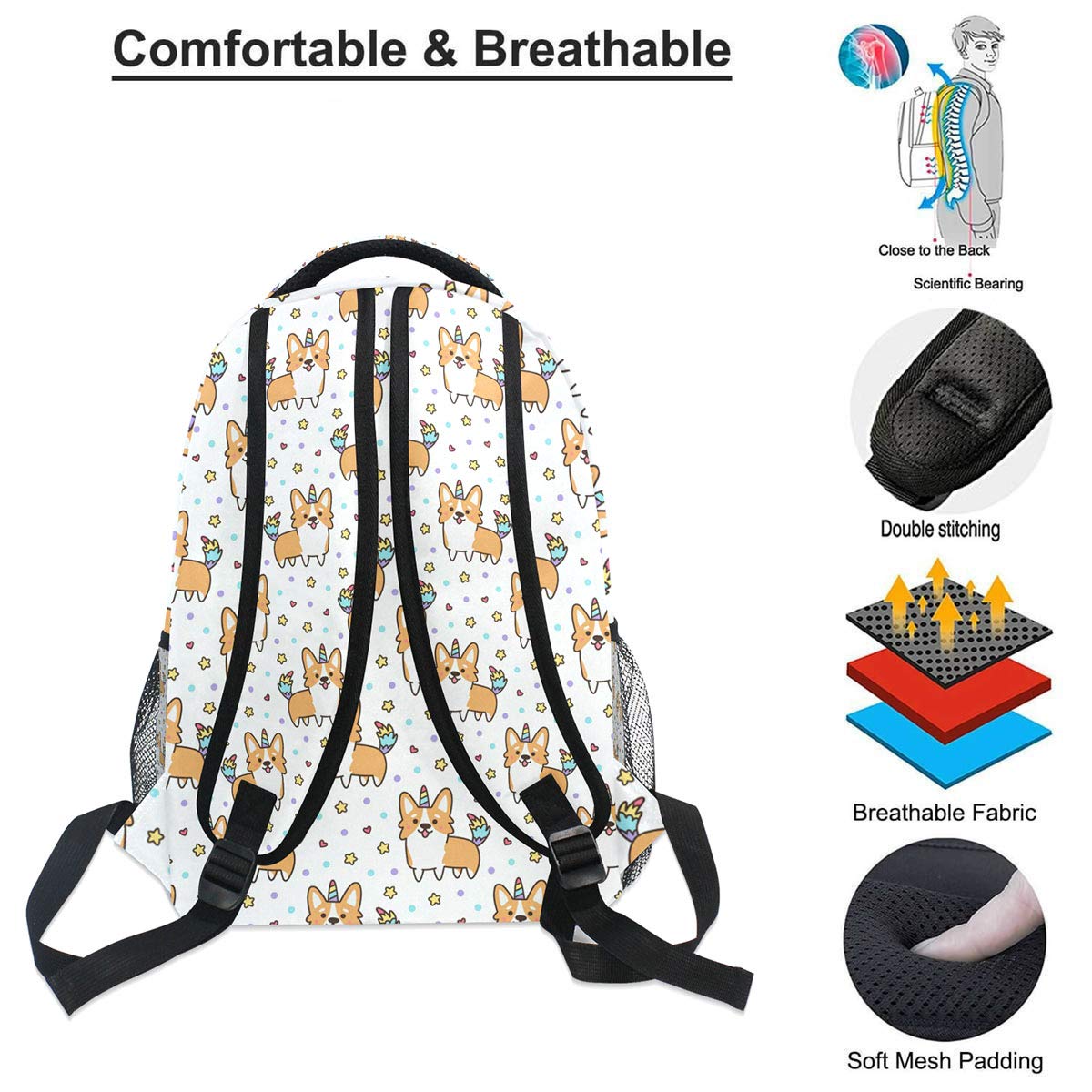**Pfrewn Wamika Welsh Corgi Dog Unicorn Backpack for Kids, Women & Men – Cute Dog Design Laptop Backpack for School, Work, Travel & Camping – Lightweight & Durable Daypack**    *(Use Cases: Perfect for school, office, travel, hiking, and everyday casual use.)*