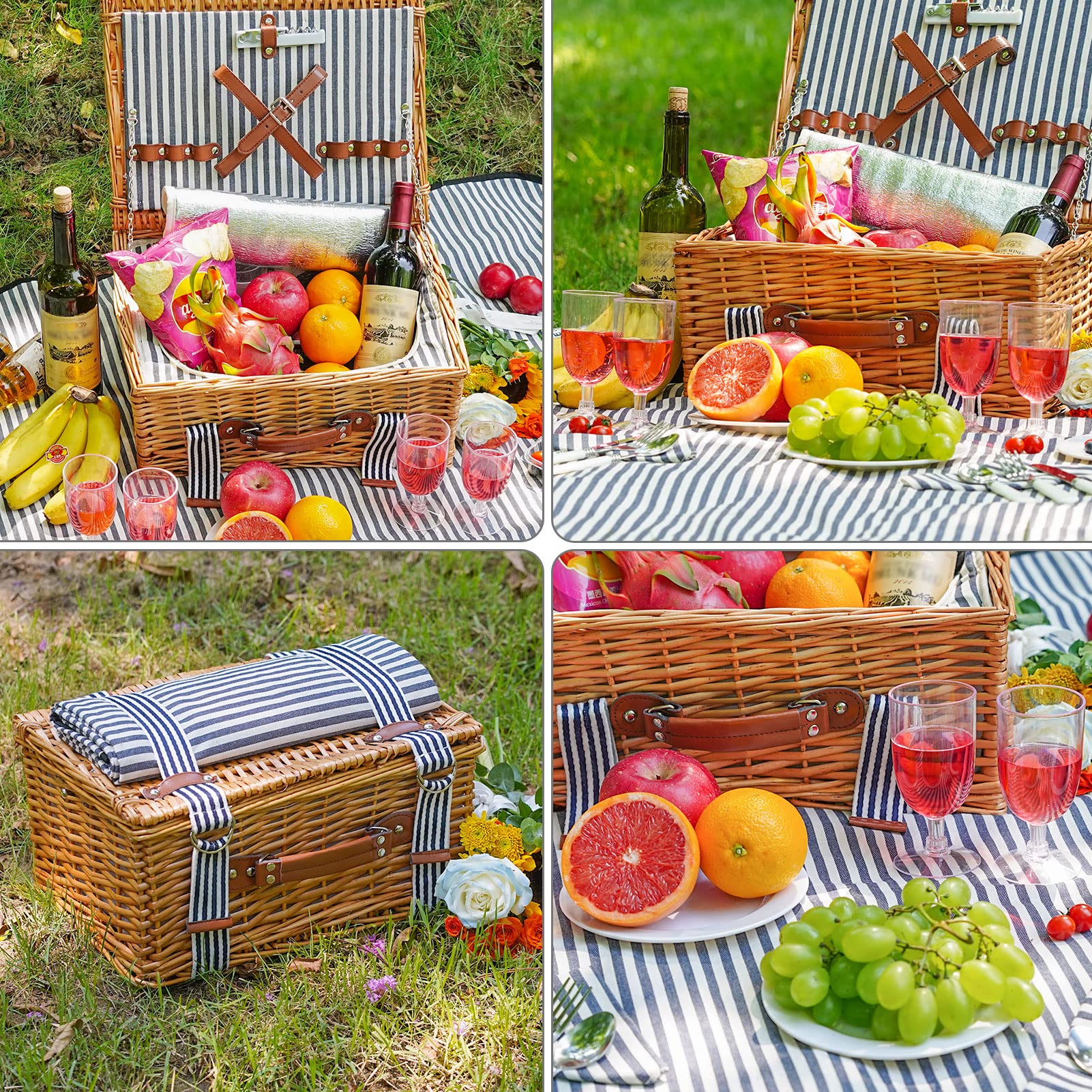 Handmade Willow Picnic Basket Set for 4 Persons with Insulated Cooler, Cutlery Kit & Blanket - Perfect for Couples, Valentine's Day, Birthday, Wedding Gifts - Ideal for Outdoor Picnics, Beach Trips, Camping and Romantic Dates