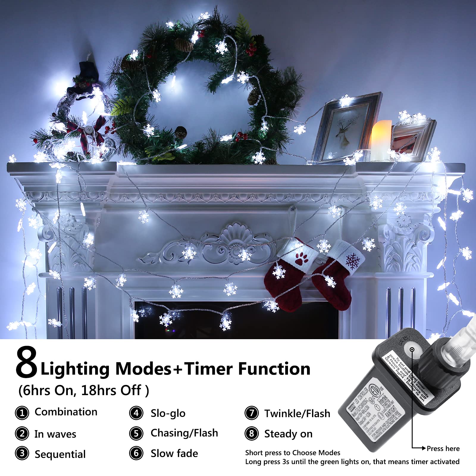 LYHOPE 49ft 100 LED Snowflake Christmas Lights - Waterproof Fairy String Lights with 8 Modes & Timer for Indoor Outdoor Decor - Perfect for Bedroom, Garden, Xmas Tree, and Holiday Party Decorations (Clear White)
