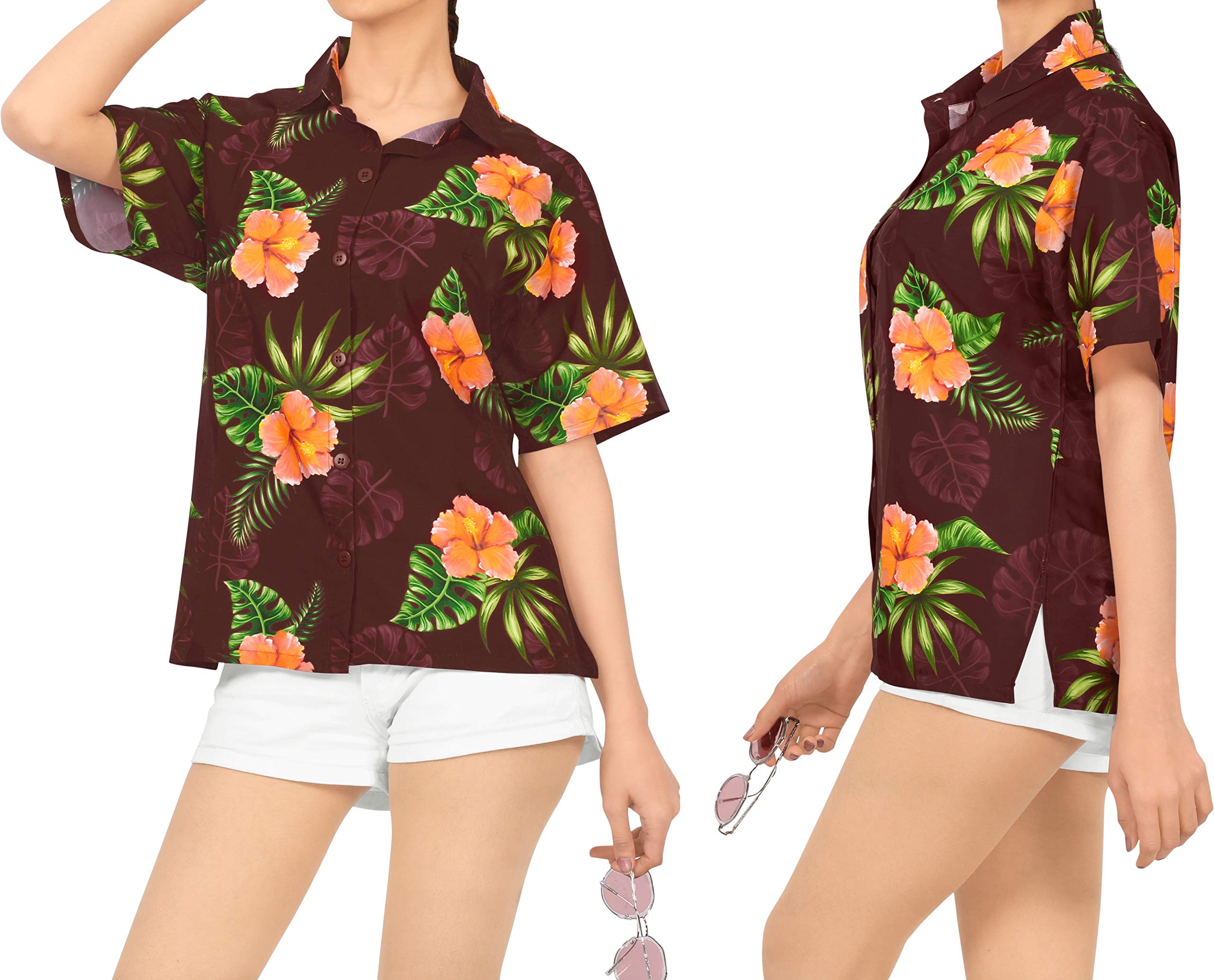 Happy Bay Women's Hawaiian Beach Short Sleeve Blouse - Tropical Floral Print Vacation Shirt for Summer, Pool Party & Island Getaway
