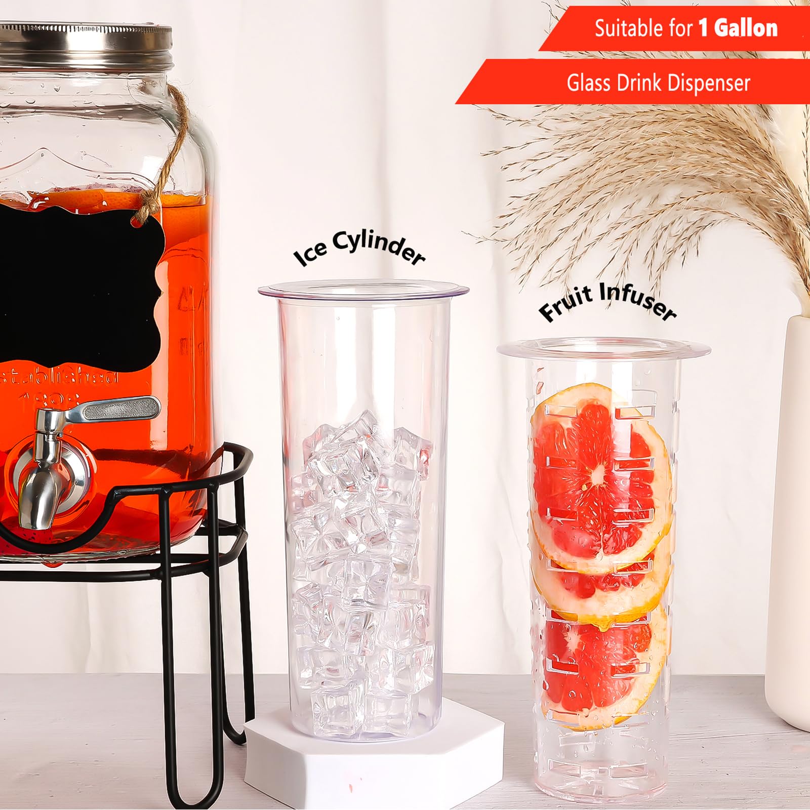 1 Gallon Ice Cylinder & Fruit Infuser for Glass Beverage Dispenser - Perfect for Parties, BBQs, and Outdoor Gatherings