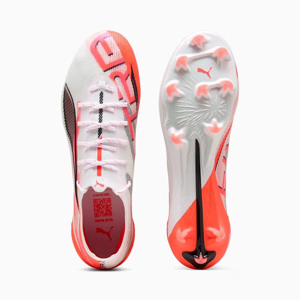 Puma Ultra 5 Ultimate FG Football Cleats - White/Black/Glowing Red - Lightweight Soccer Shoes for Men - Perfect for Turf Matches & Training Sessions