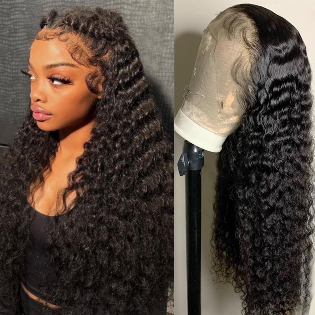 13x6 Water Wave Lace Front Wigs Human Hair - Pre Plucked 180% Density Curly Lace Front Wig - Wet and Wavy Human Hair Wig 10A - Glueless Wear and Go Replacement Wigs with Bleached Knots - Natural Black 24 Inch - Perfect for Daily Wear, Cosplay, and Special Occasions