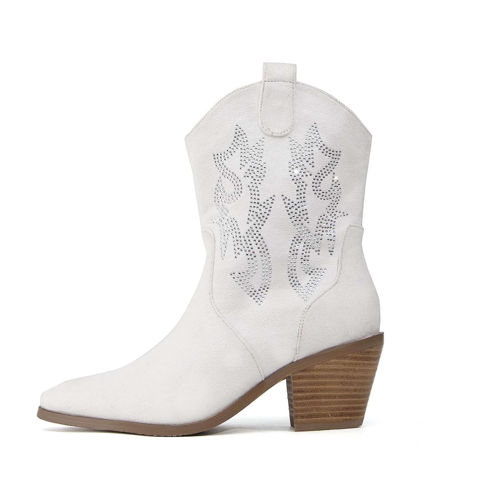 GATUXUS Women's Rhinestone Ankle Boots - Chunky Heel Western Cowboy Boots Pointed Toe Mid Calf Booties for Winter | Fashionable Wide Calf Riding Boots for Country Music Festivals & Night Out