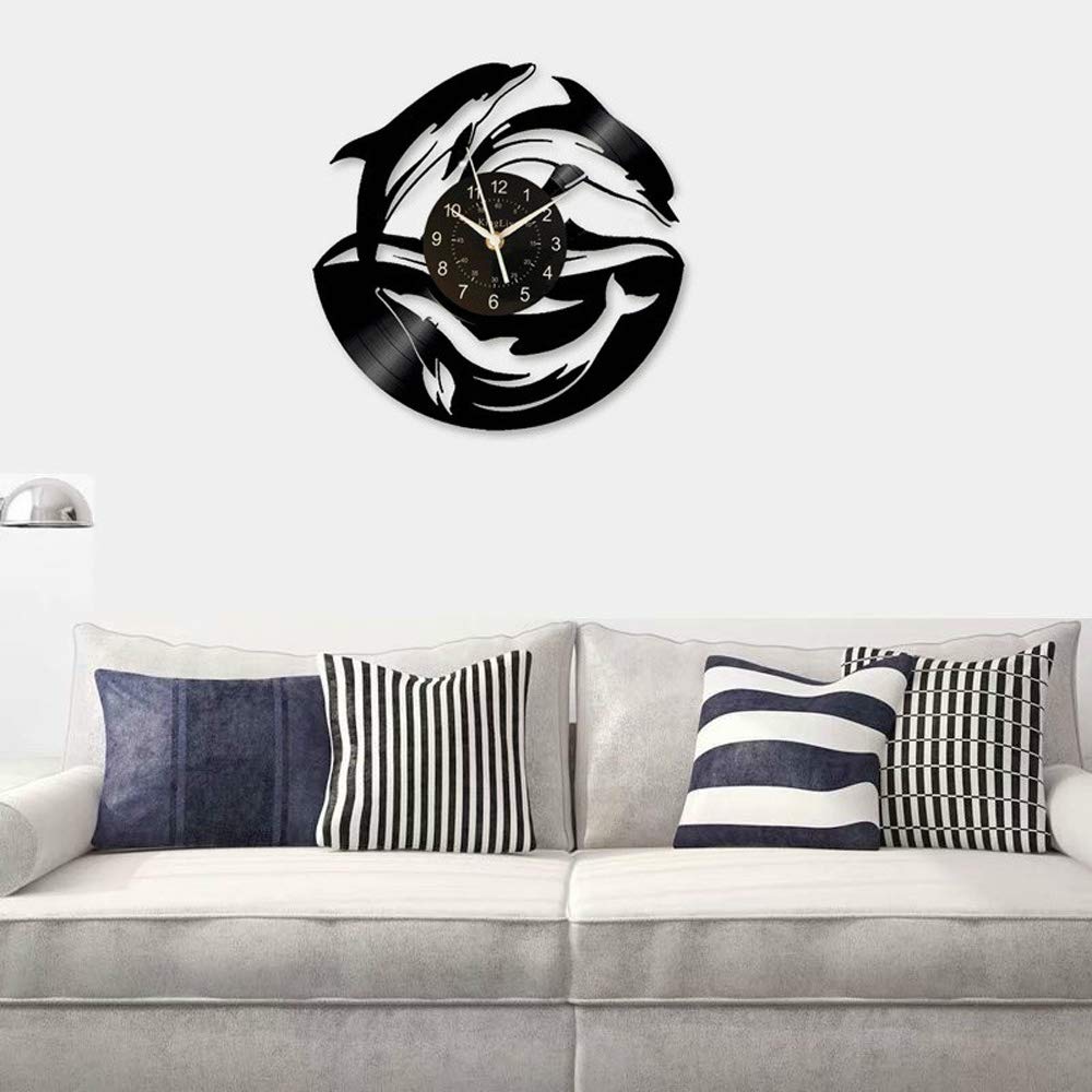 KingLive 12 Inch Black LED Vinyl Record Wall Clock with Dolphin Art - Modern Home, Office, Kids Bedroom Decor - Unique Gift Idea for Music Lovers & Creative Spaces