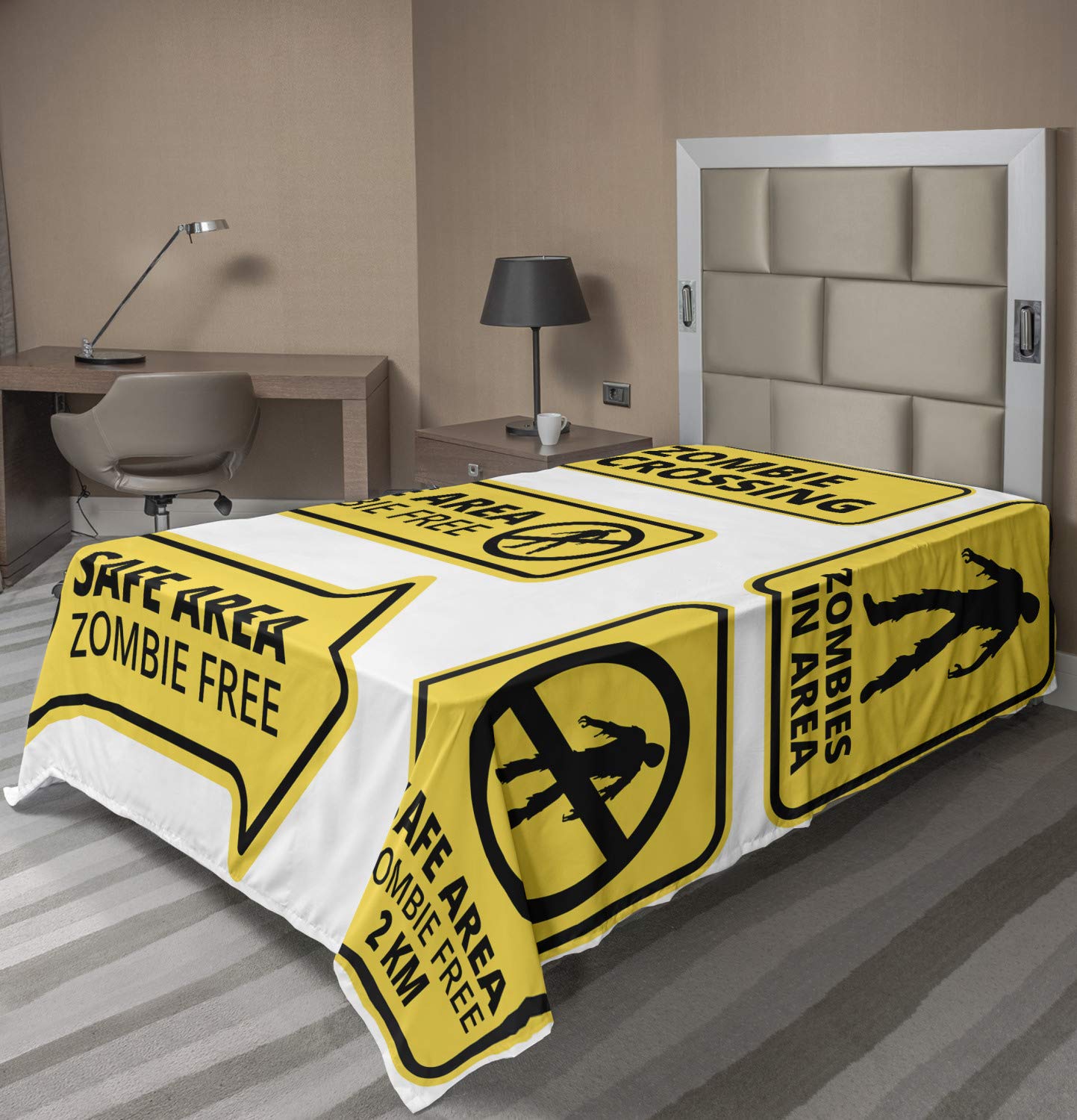 Ambesonne Zombie Horror Movie Design Twin Size Flat Sheet - Soft, Comfortable Yellow & Black Top Sheet for Safe Zone Themed Bedroom Decor | Perfect for Halloween, Horror Fans & Unique Home Decor