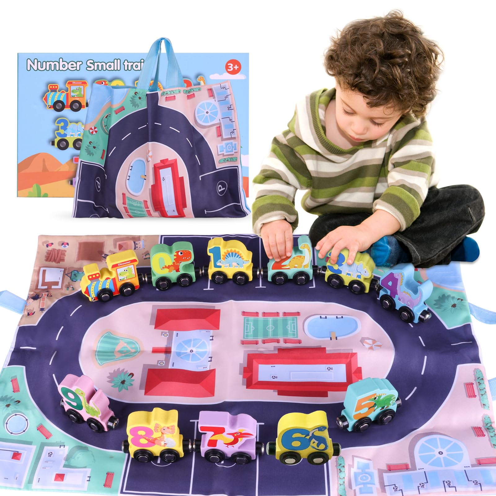 **Magnetic Wooden Dinosaur Train Set for Toddlers 1-4 Years - 11-Piece Montessori Learning Toy with Play Mat & Storage Bag - Perfect Christmas, Birthday, Easter Gift for Kids - Educational Dinosaur Toys for Home & Preschool Play**