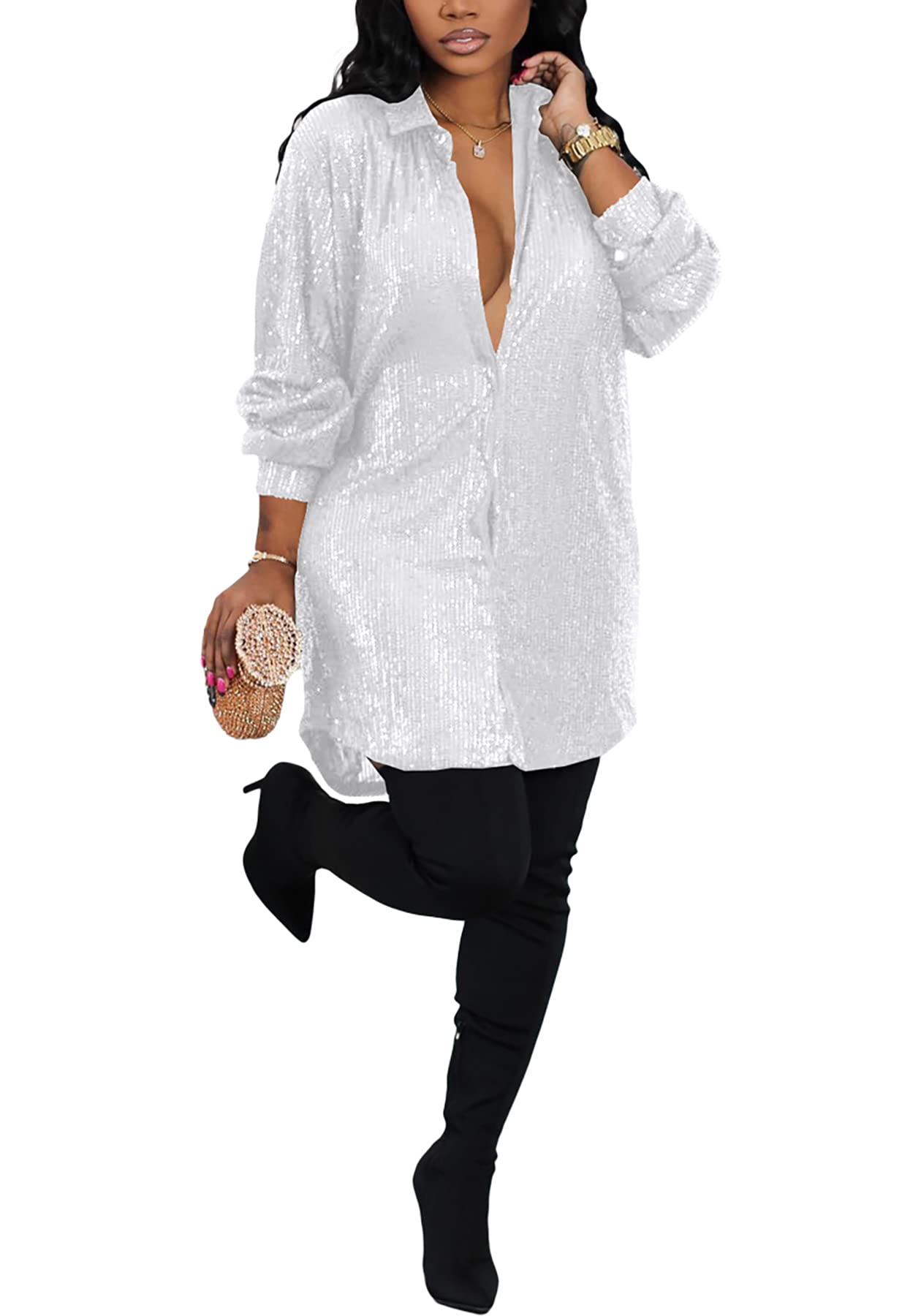 Sparkly Sequin Midi Dress for Women - Elegant Button Down Shirt Dress with Long Sleeves | Perfect for Party, Club, Wedding & Holiday Events