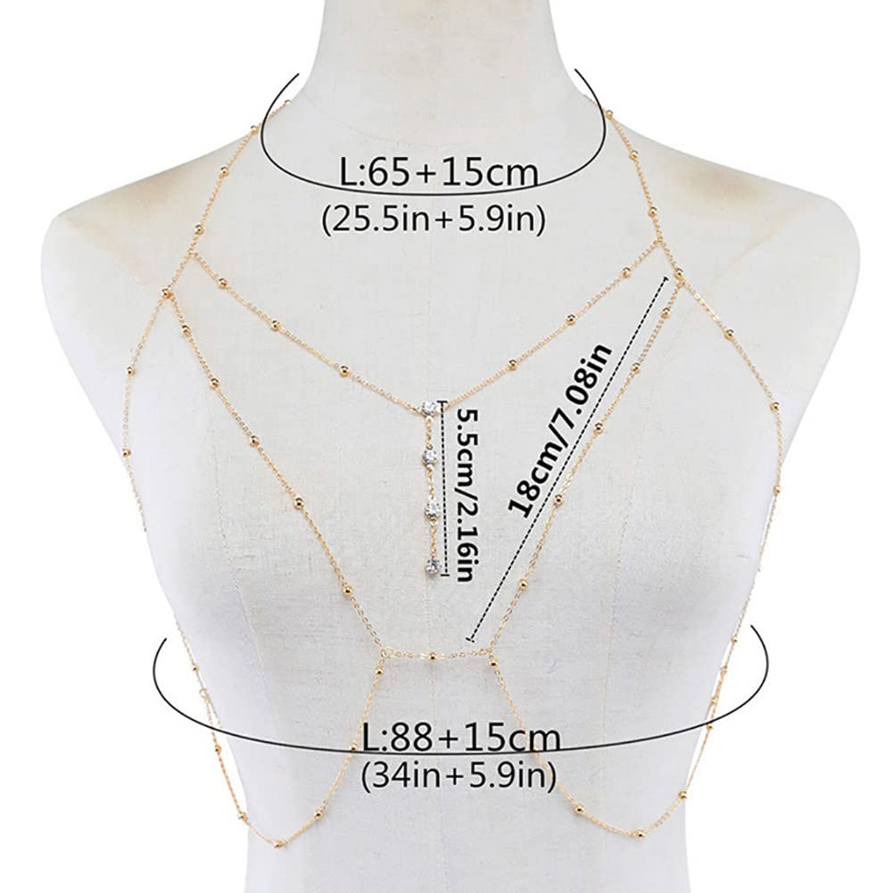 Carufin Sexy Bikini Bra Body Chain - Gold Crystal Copper Bead Mesh Lingerie Necklace for Women & Girls | Adjustable Nightclub Jewelry Accessory for Beach, Pool Party & Boudoir Photography