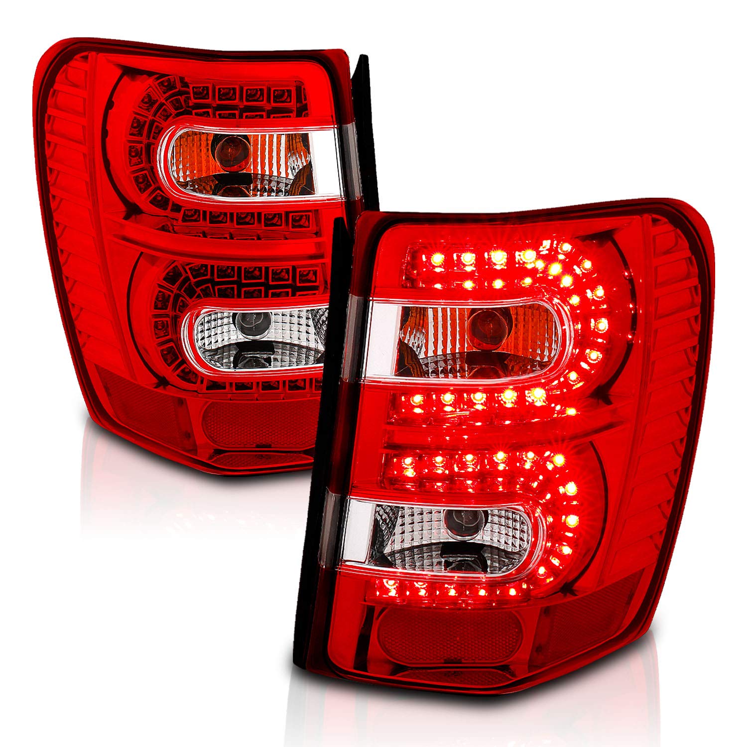 AmeriLite Red/Clear LED Tail Lights Replacement for 1999-2004 Jeep Grand Cherokee - Left & Right Side - Enhanced Visibility & Safety for Night Driving & Off-Road Adventures
