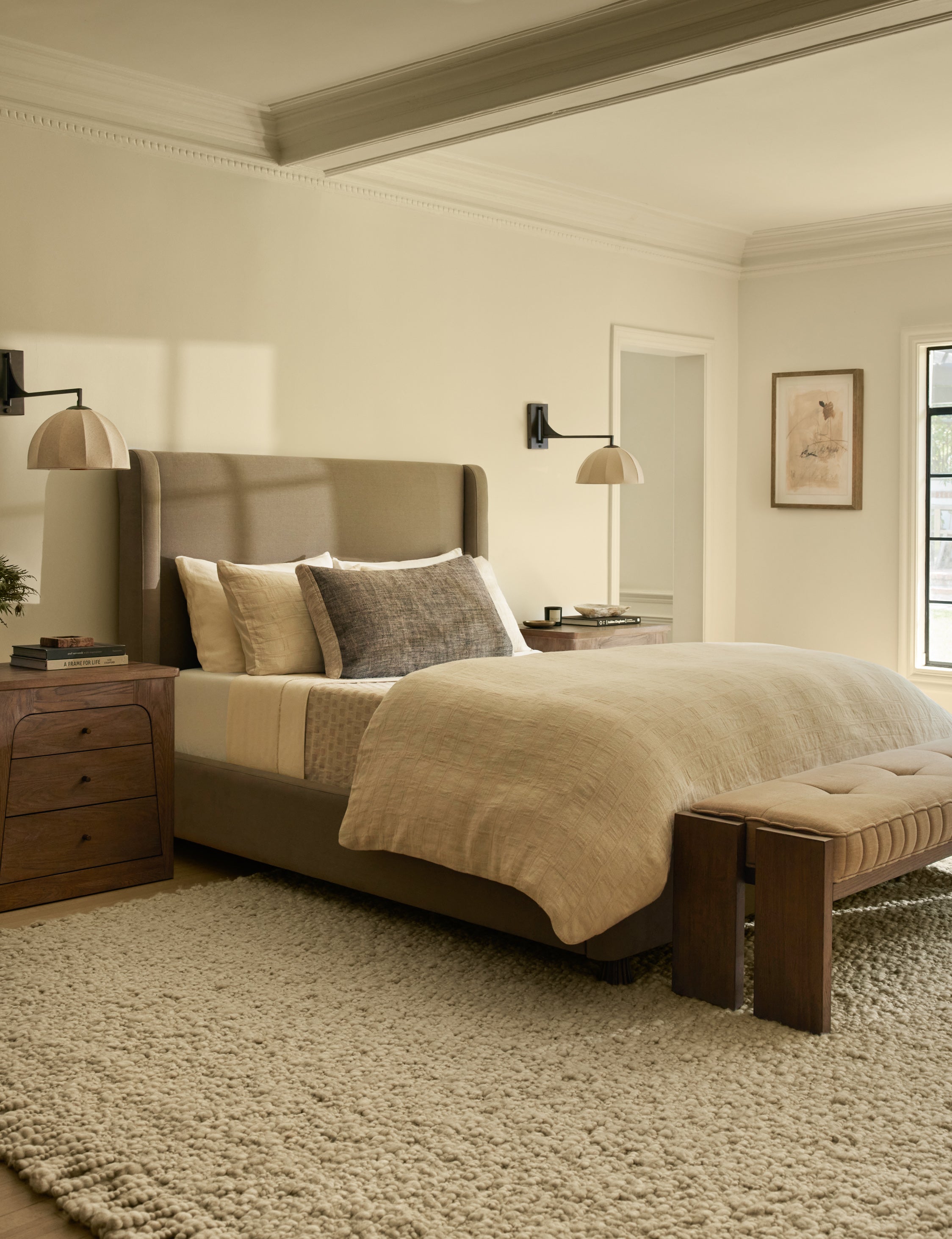 DOMINIQUE Platform Bed Frame by DISC Interiors - Modern Minimalist Wooden Bed with Upholstered Headboard | Perfect for Master Bedroom, Guest Room & Loft Apartments