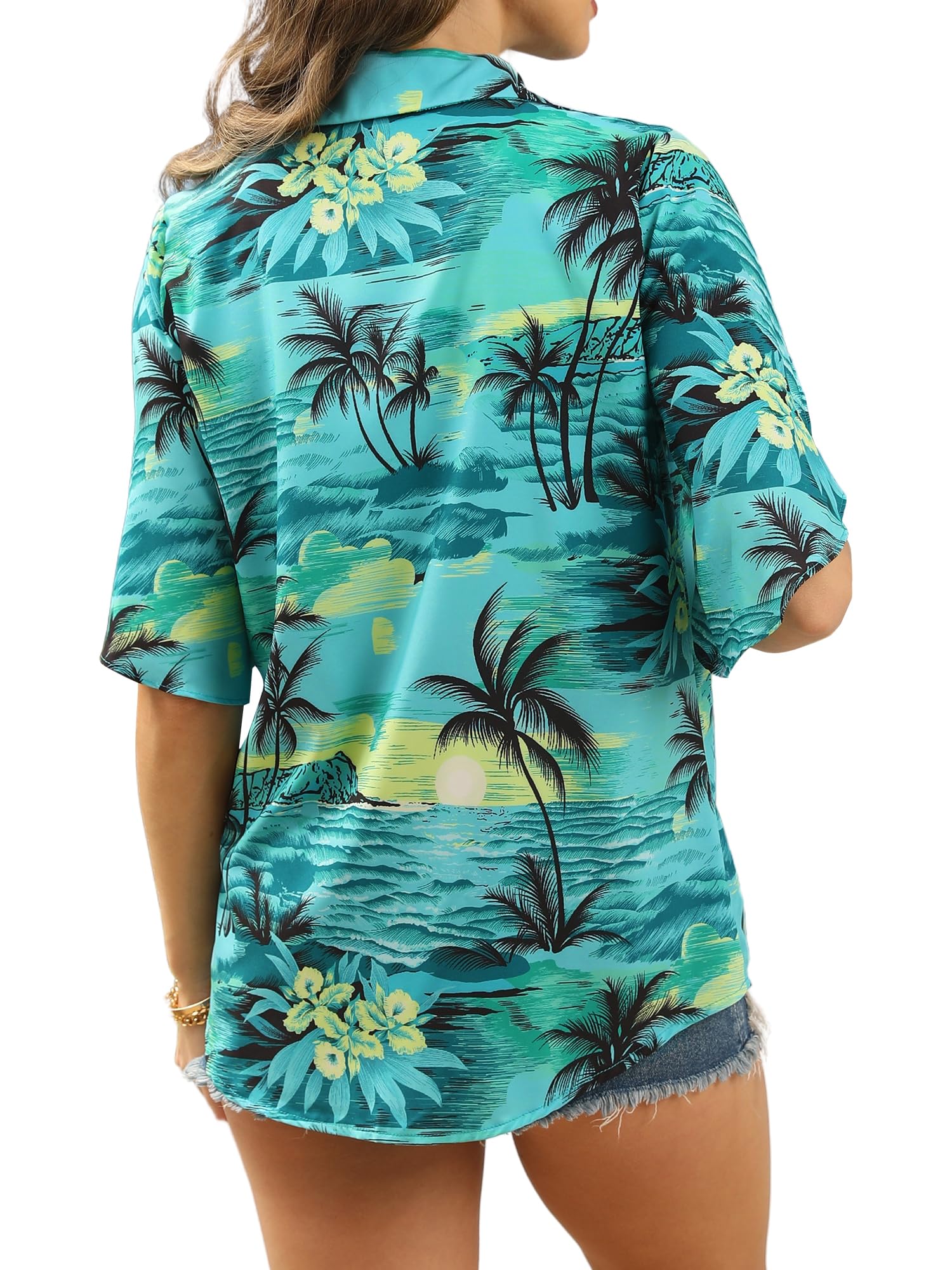 ZXZY Women's Ruffle 3/4 Sleeve Hawaiian Blouse - Loose Flowy Tropical Floral Shirt for Summer Beach Vacation & Casual Outfit