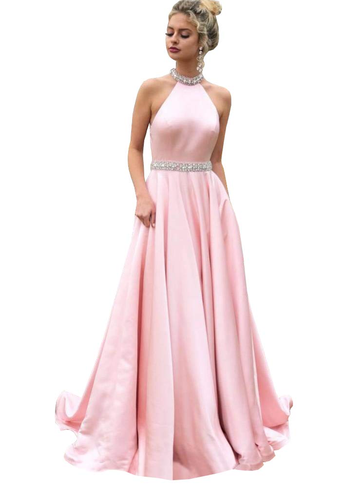 Honeydress Women's Elegant Beaded Halter Neck Prom Dress - Satin Backless Formal Gown for Graduation, Homecoming & Special Occasions