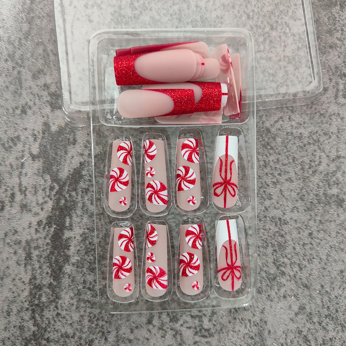 24 Pcs Christmas Press on Nails - Long French Tips with Candy Glitter Designs, Full Cover Artificial Acrylic Glue on Nails for Women & Girls | Holiday Party, Gift, Nail Art DIY