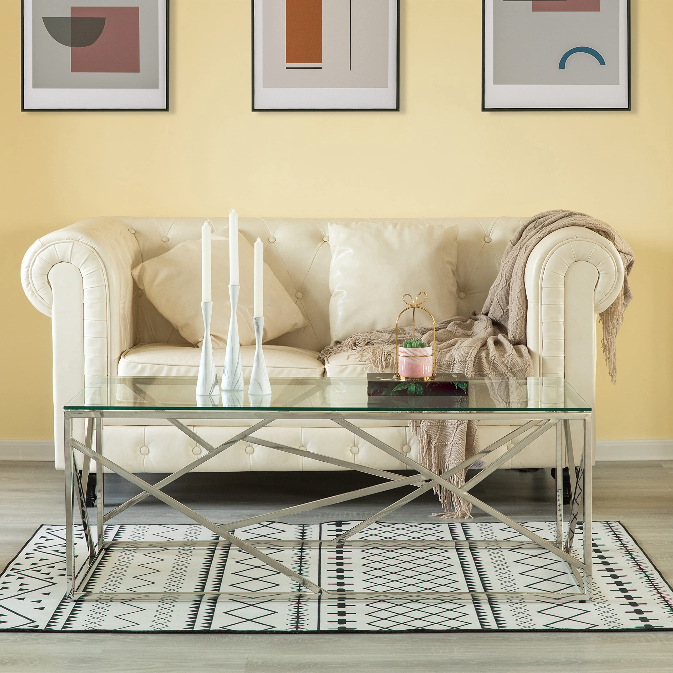 Modern Silver Rectangular Glass Top Metal Coffee Table - Stylish & Durable Living Room Furniture for Home Decor