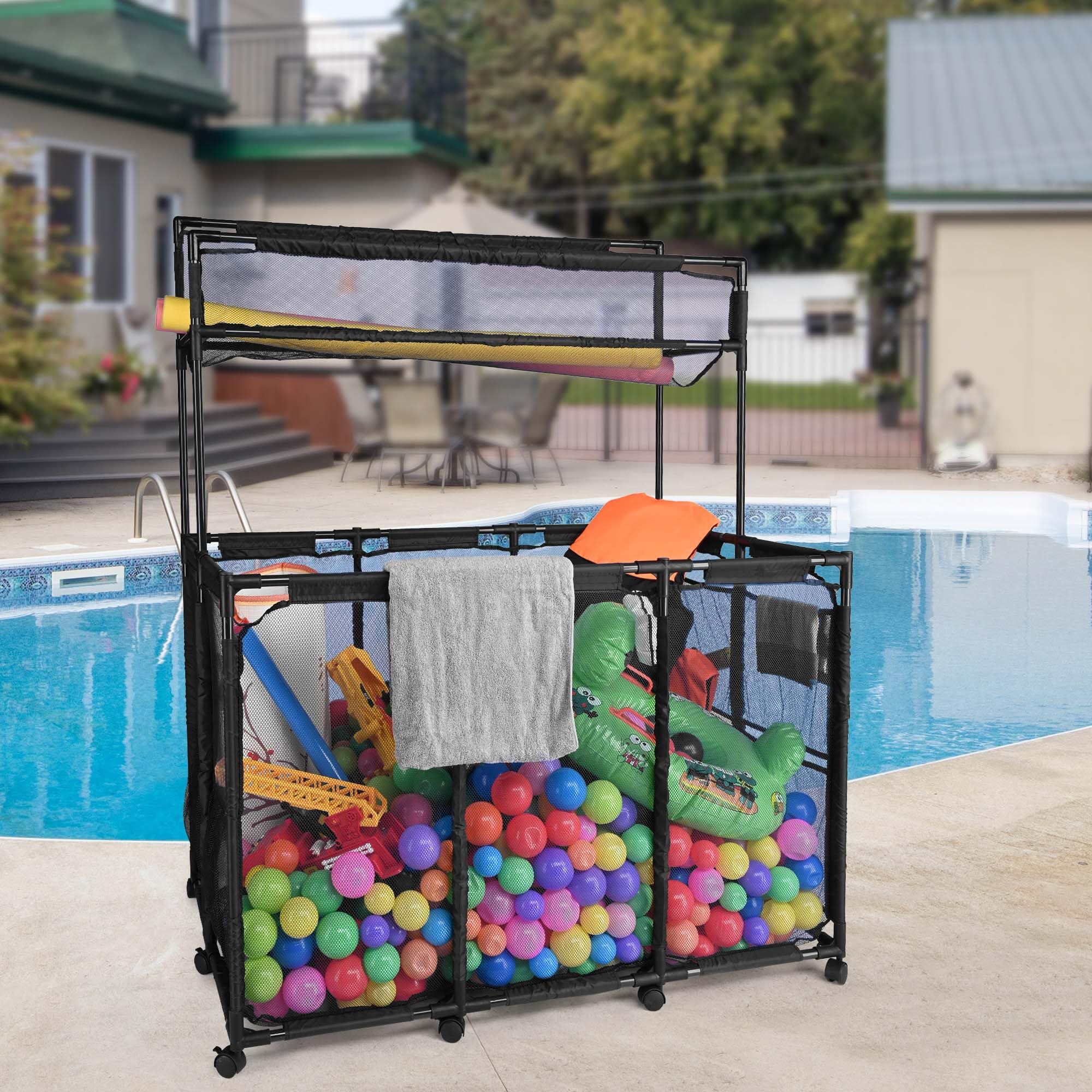 Yescom Heavy-Duty 10-Wheel Rolling Mesh Pool Storage Bin - XXL Double Decker with Noodle Holder, Pool Float Organizer - Upgraded Sturdy Connectors, 49