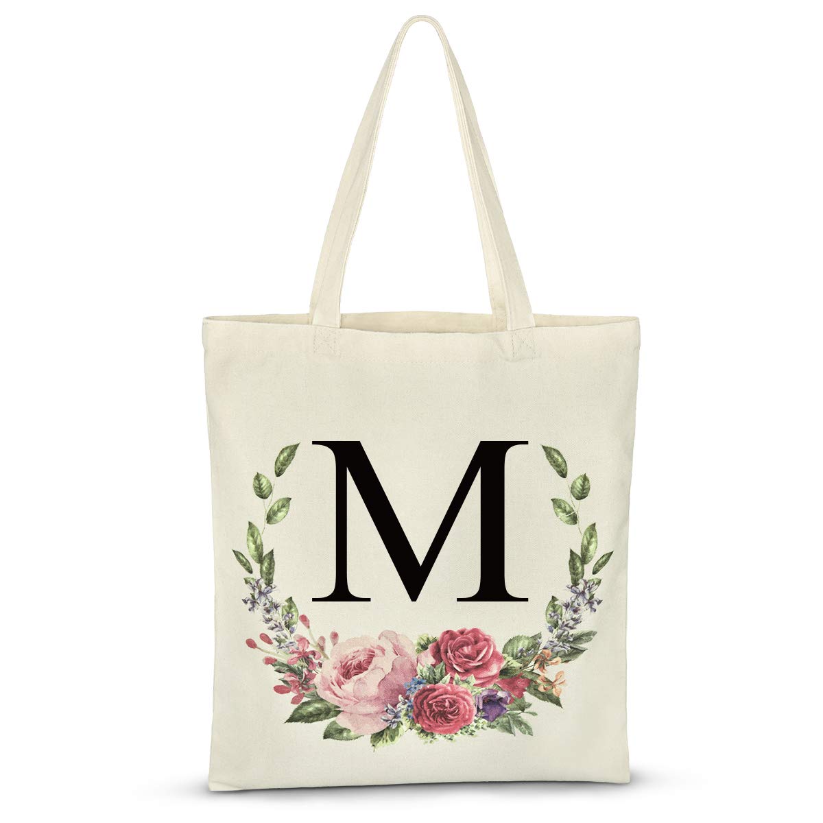 Personalized Floral Initial Tote Bag for Women - Monogram Letter M Canvas Reusable Grocery Shopping Bag - Perfect for Bridesmaids, Wedding, Bachelorette Party, Birthday Gift & Everyday Use (Large Book Tote)