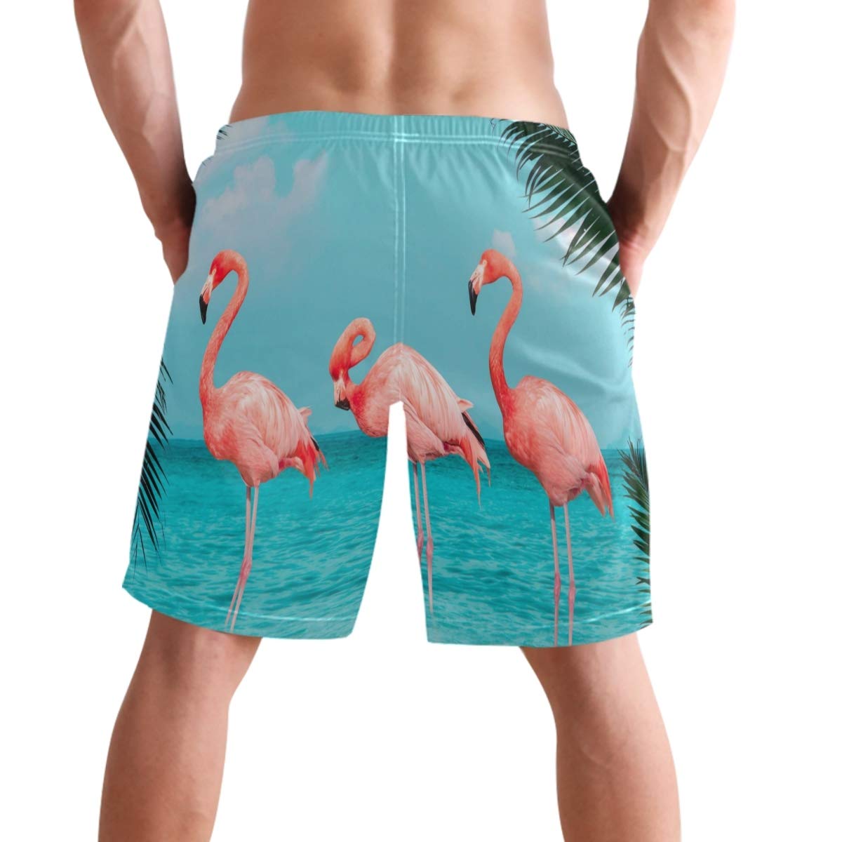 Visesunny Men's Quick-Dry Swim Trunks - Pink Flamingo & Blue Sea Print, Mesh Lining for Comfort, Perfect for Beach, Pool, Running & Water Sports