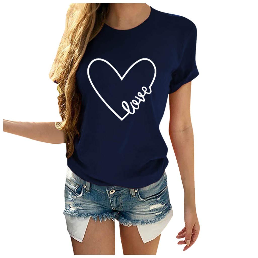 Women's Purple Heart Print Letter O T-Shirt - Casual Short Sleeve Valentine's Day Top with White Neckline (Navy, XXXL) | Perfect for Date Nights, Galentine's Gifts & Casual Outings