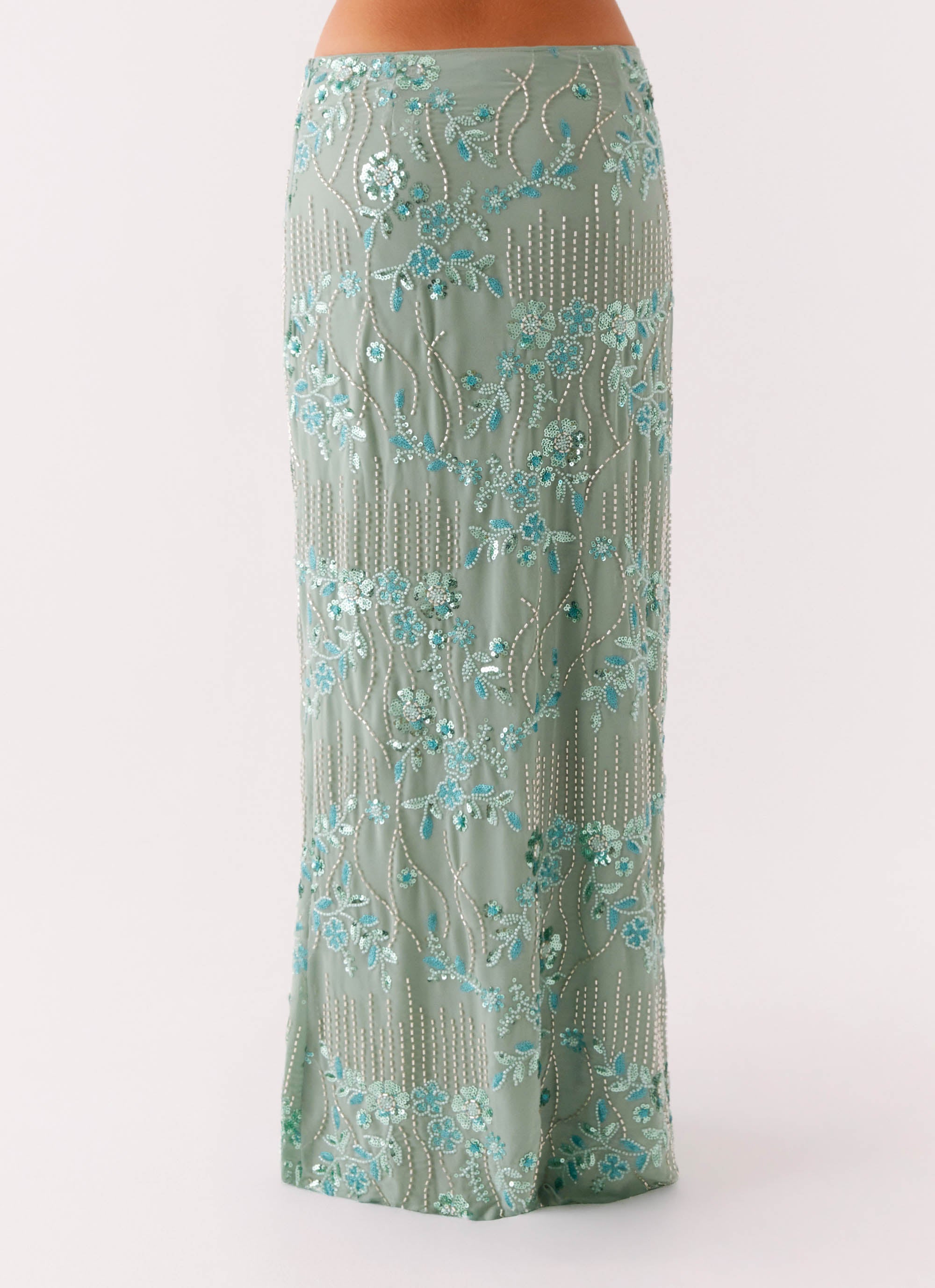 Corinna Low Rise Sequin Maxi Skirt for Women - Mint Green Glitter Party Skirt for Evening Events, Prom, Club Wear & Special Occasions