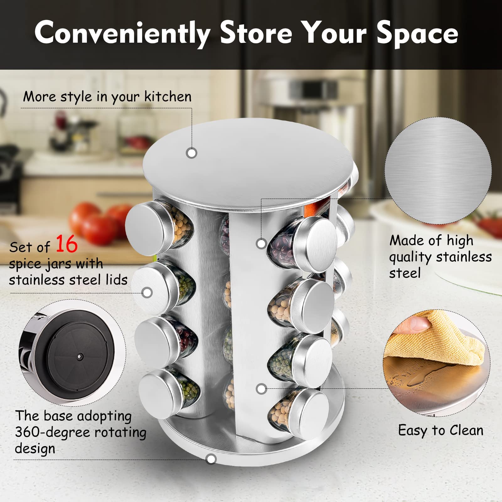 Rotating Spice Rack Organizer with 16 Jars - Stainless Steel Revolving Spice Tower with Labels for Kitchen Cabinet & Countertop - Perfect for Cooking, Baking & Seasoning Organization
