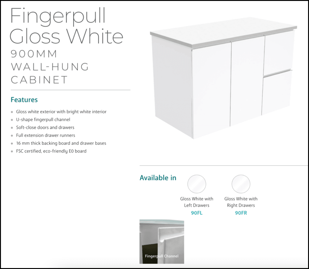 Fienza SC90FR 900mm White Undermount Crystal Pure Stone Top Vanity Unit with Fingerpull & Right Drawers - Modern Bathroom Sink Cabinet for Small Spaces & Powder Rooms