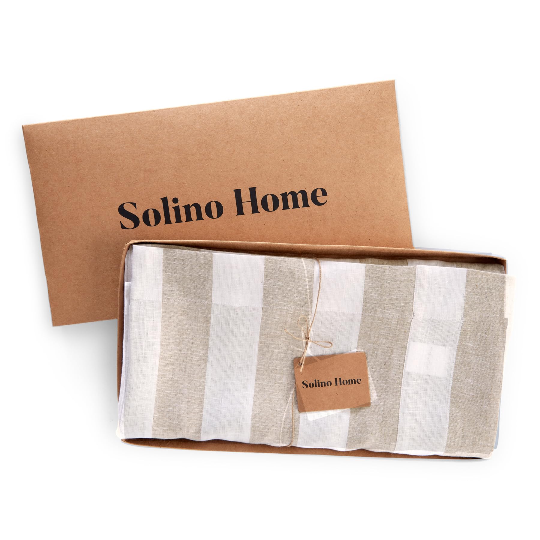 Solino Home 100% Pure Linen Tablecloth - Natural & White Striped Table Cover 60x90 Inches - Handcrafted, Machine Washable Linen Fabric for Dining Table, Kitchen, Party Decor - Perfect for Spring, Mother's Day, Easter & Everyday Use