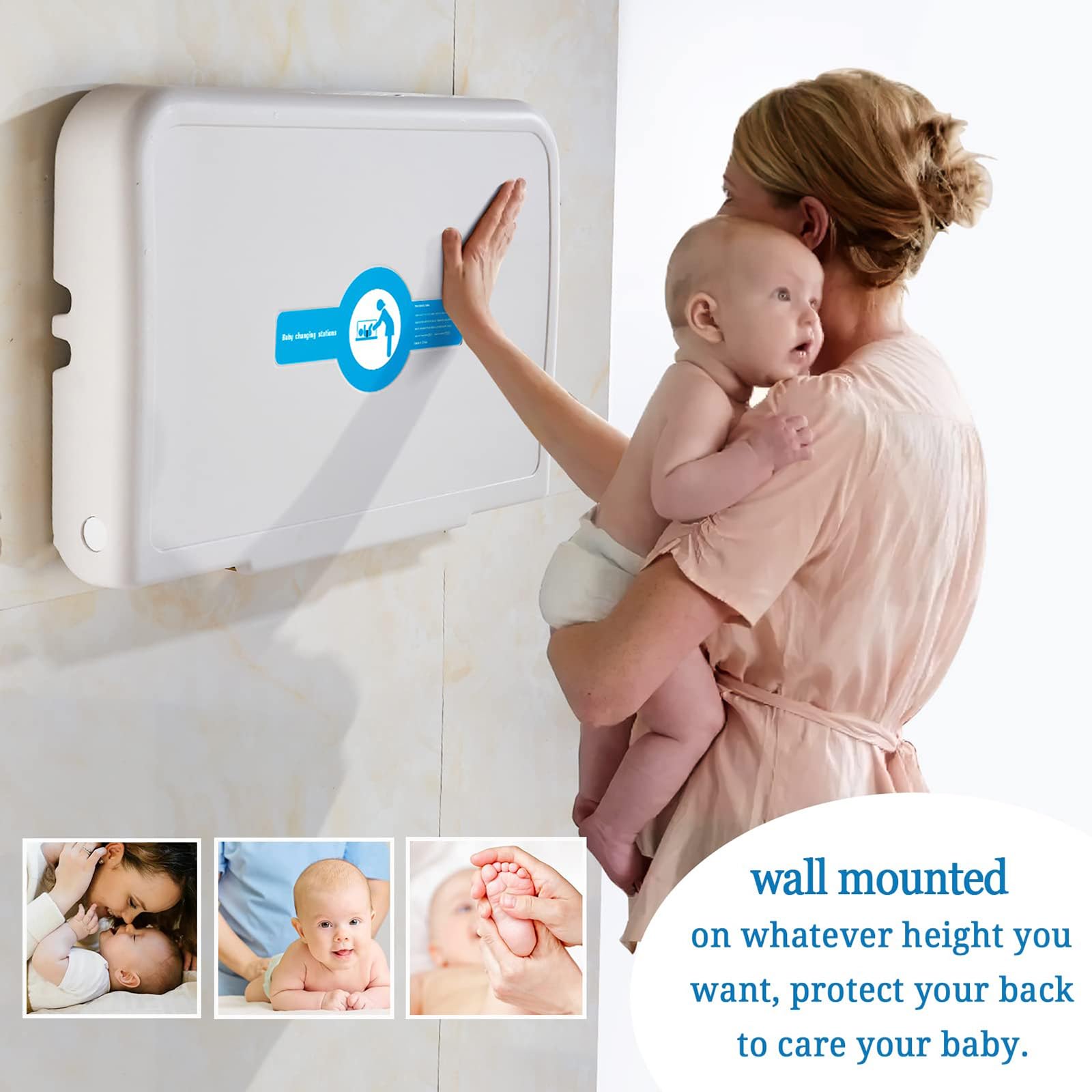 Wall Mounted Baby Changing Station - Foldable Diaper Changing Table for Commercial Restrooms | Durable HDPE Material with Safety Strap (White/Gray) | Ideal for Daycares, Shopping Malls & Public Restrooms