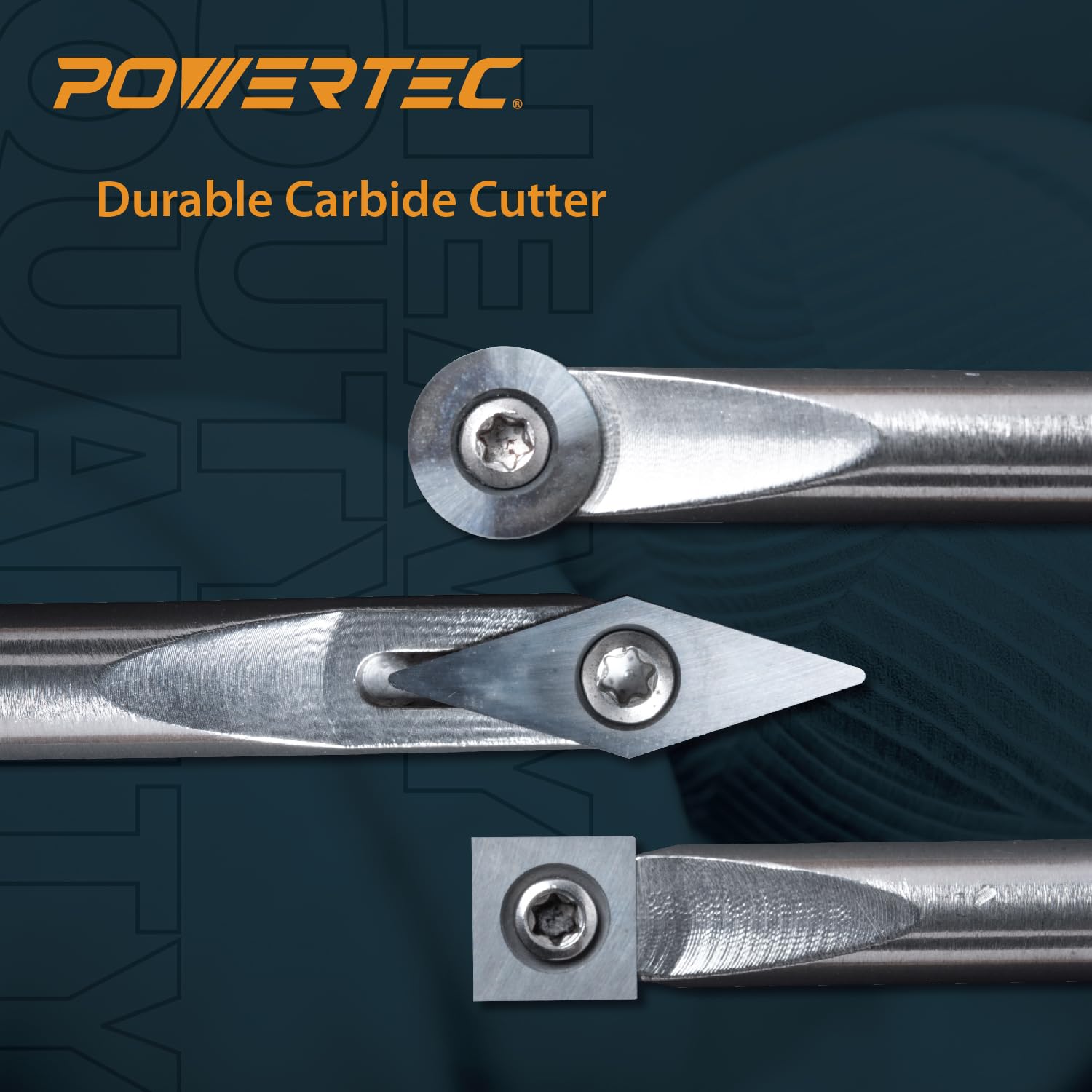 POWERTEC 3-Piece Carbide Wood Lathe Tool Set - Flat Edge Square, Round & Diamond Replaceable Blade Turning Tools with T15 Star Key Wrench | Perfect for Woodturning Projects, Bowl Making & Furniture Crafting
