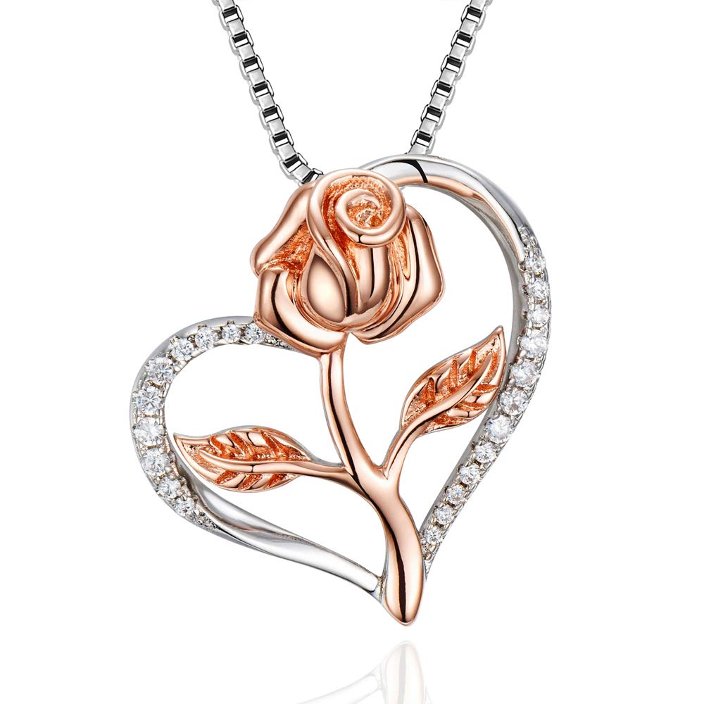 Rose Gold Flower Heart Pendant Necklace for Women - Elegant Silver Rose Necklace Gift for Mom, Wife, Girlfriend - Perfect for Mother's Day, Birthday & Anniversary - Comes with Gift Box | Ideal for Romantic Occasions, Date Nights & Special Celebrations